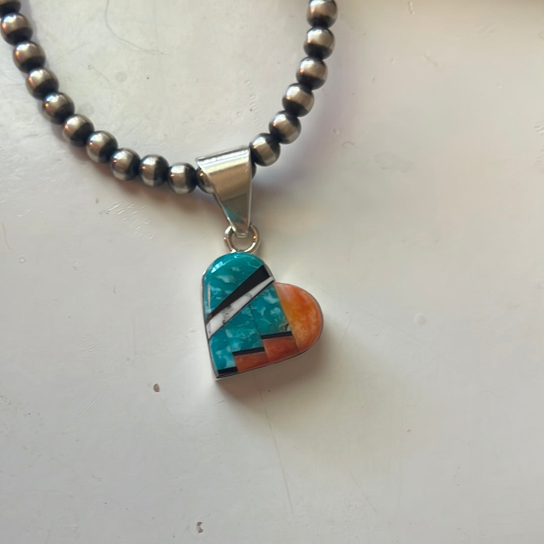 Handcrafted Sterling Silver & Turquoise Inlay Heart Pendant Signed