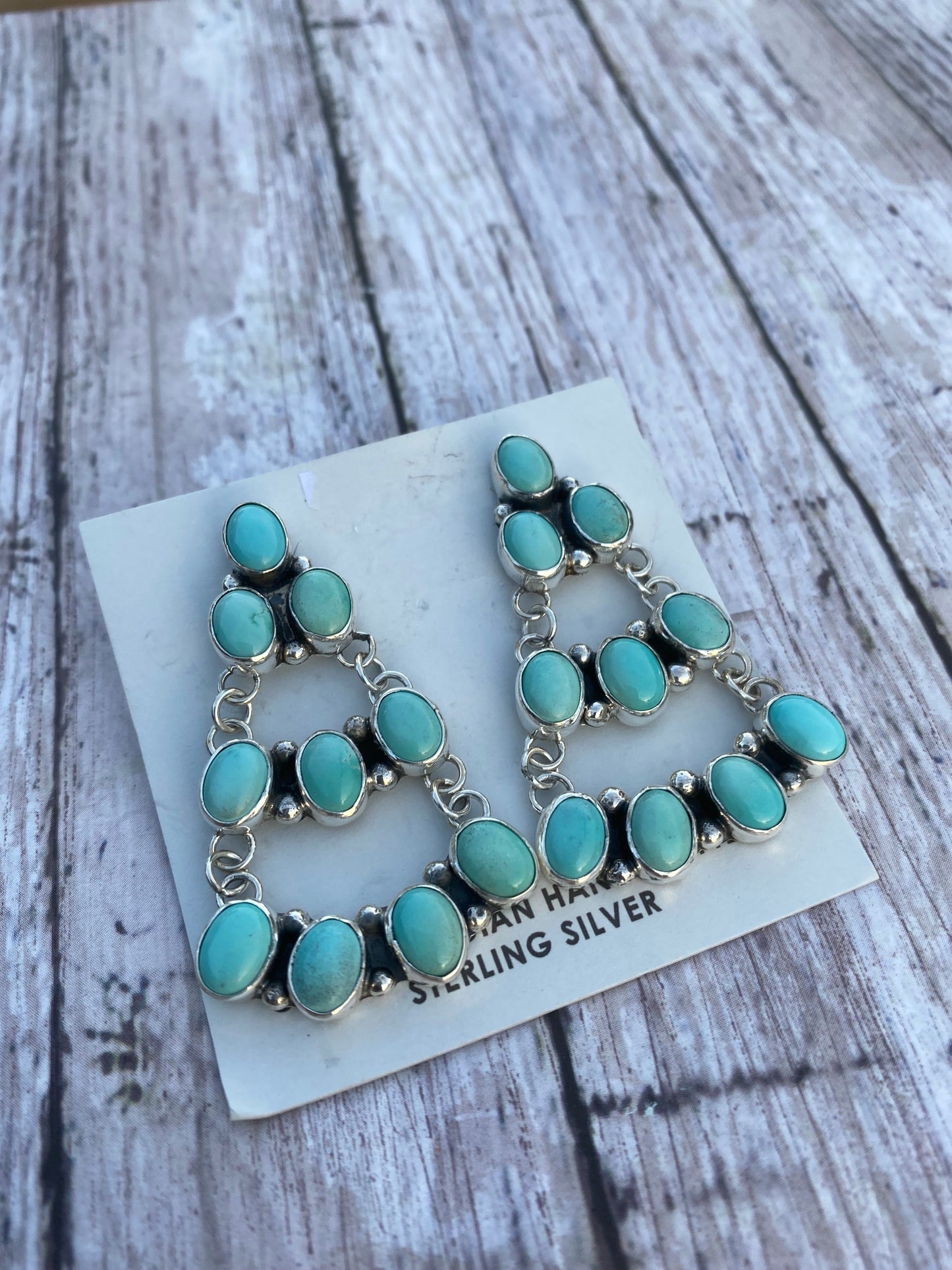 Navajo Carico Lake Turquoise & Sterling Silver Cluster Dangle Earrings Signed