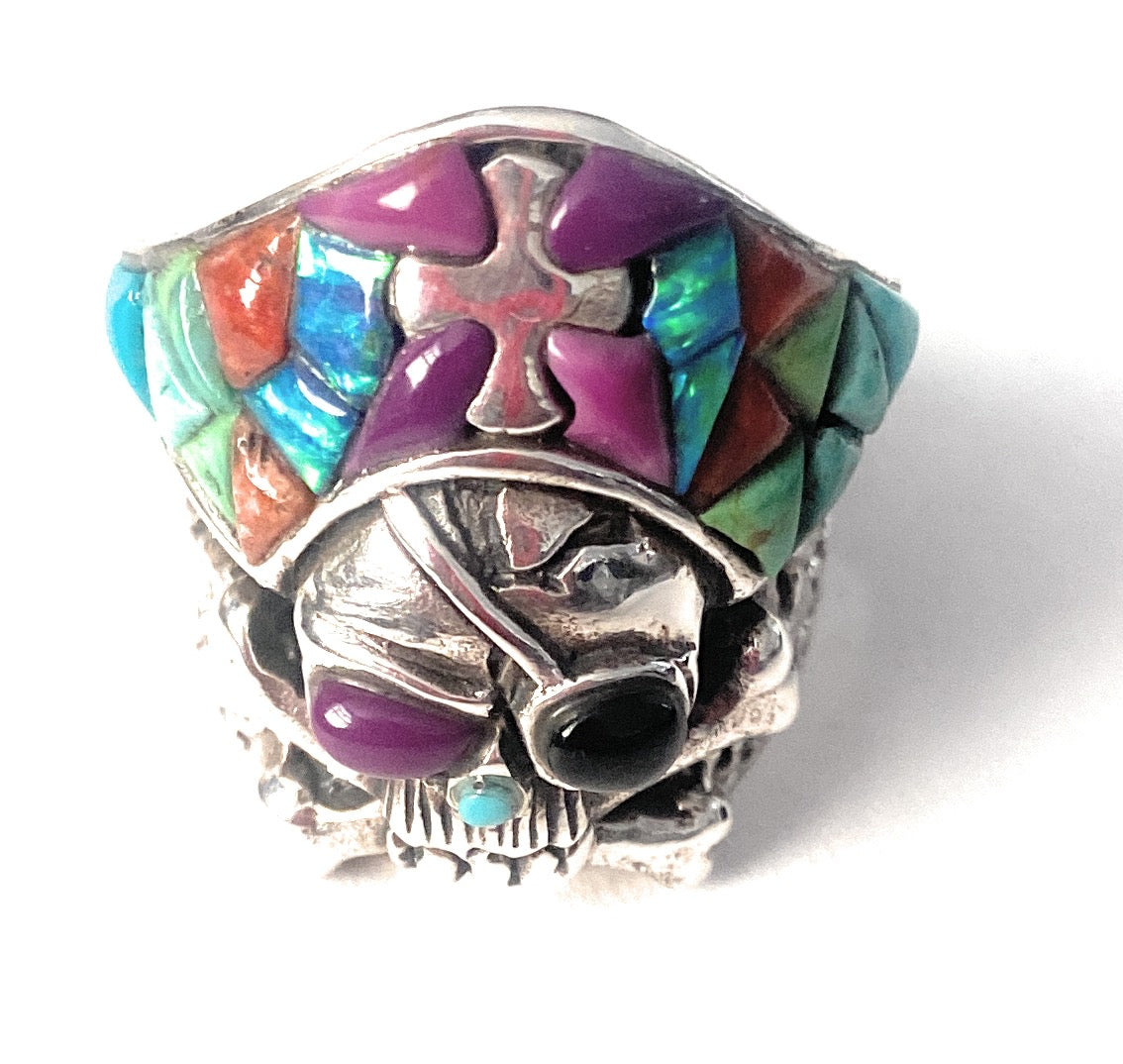 Handmade Sterling Silver & Multi Stone Inlay Skull Ring Size 7.5