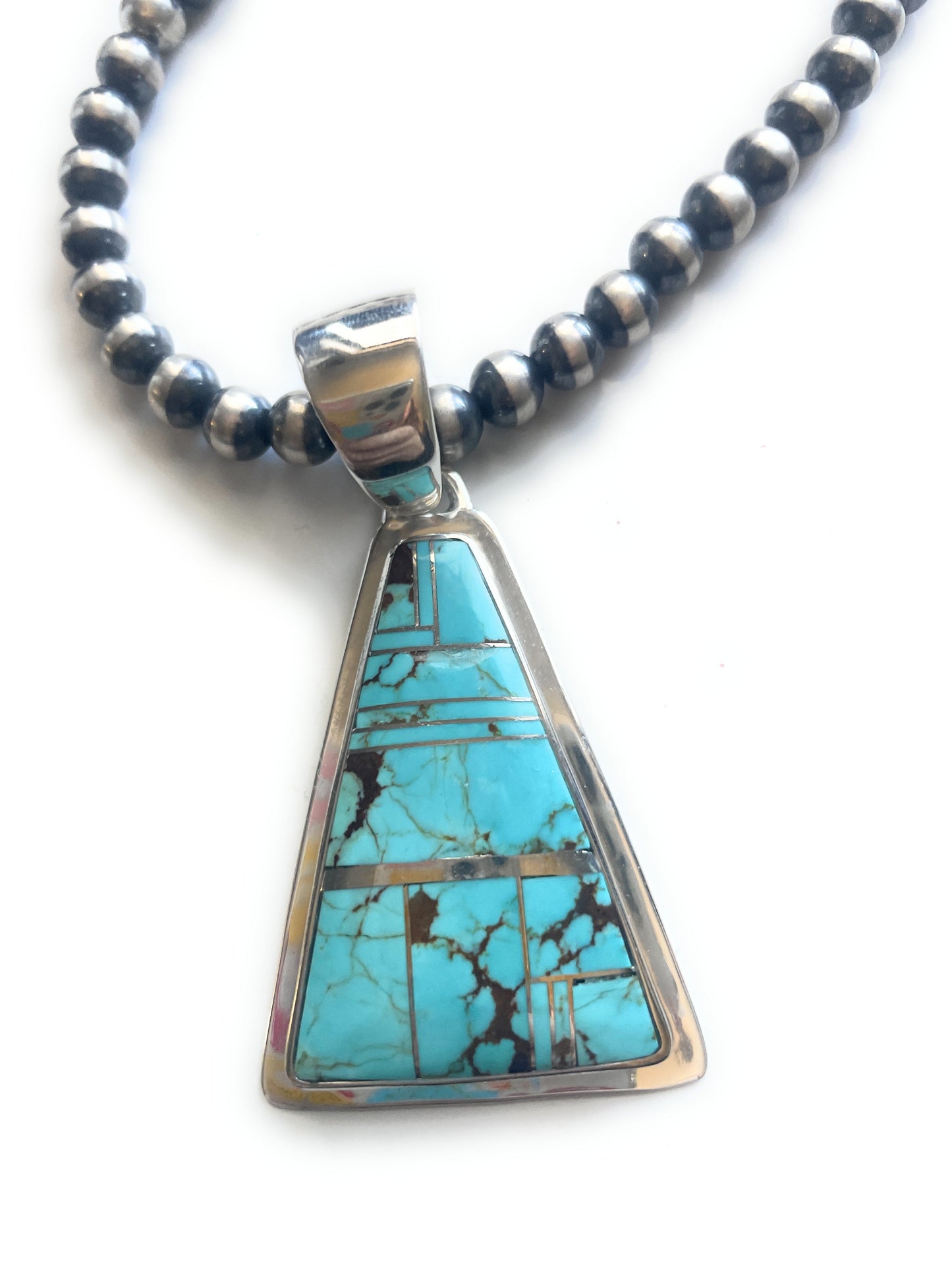 Handcrafted Number 8 Turquoise Inlay & Sterling Silver Triangle Pendant