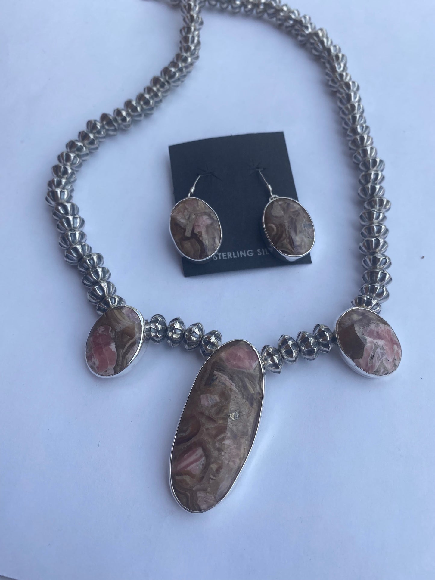 Handcrafted Rhodonite & Sterling Silver Beaded Necklace Set