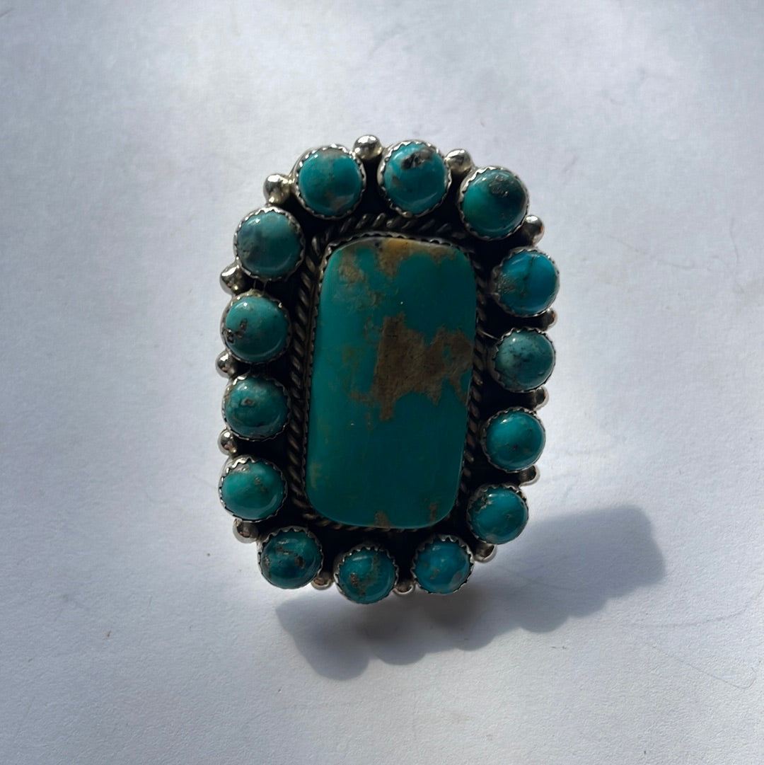 Handcrafted Turquoise & Sterling Silver Ring Size 7.5 Signed Robert Shakey