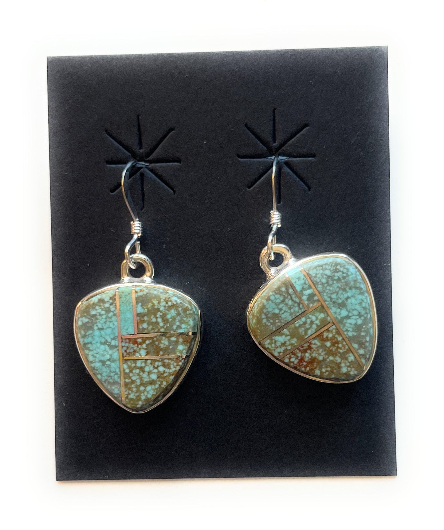 Handcrafted Number 8 Turquoise & Sterling Silver Inlay Dangle Earrings Signed