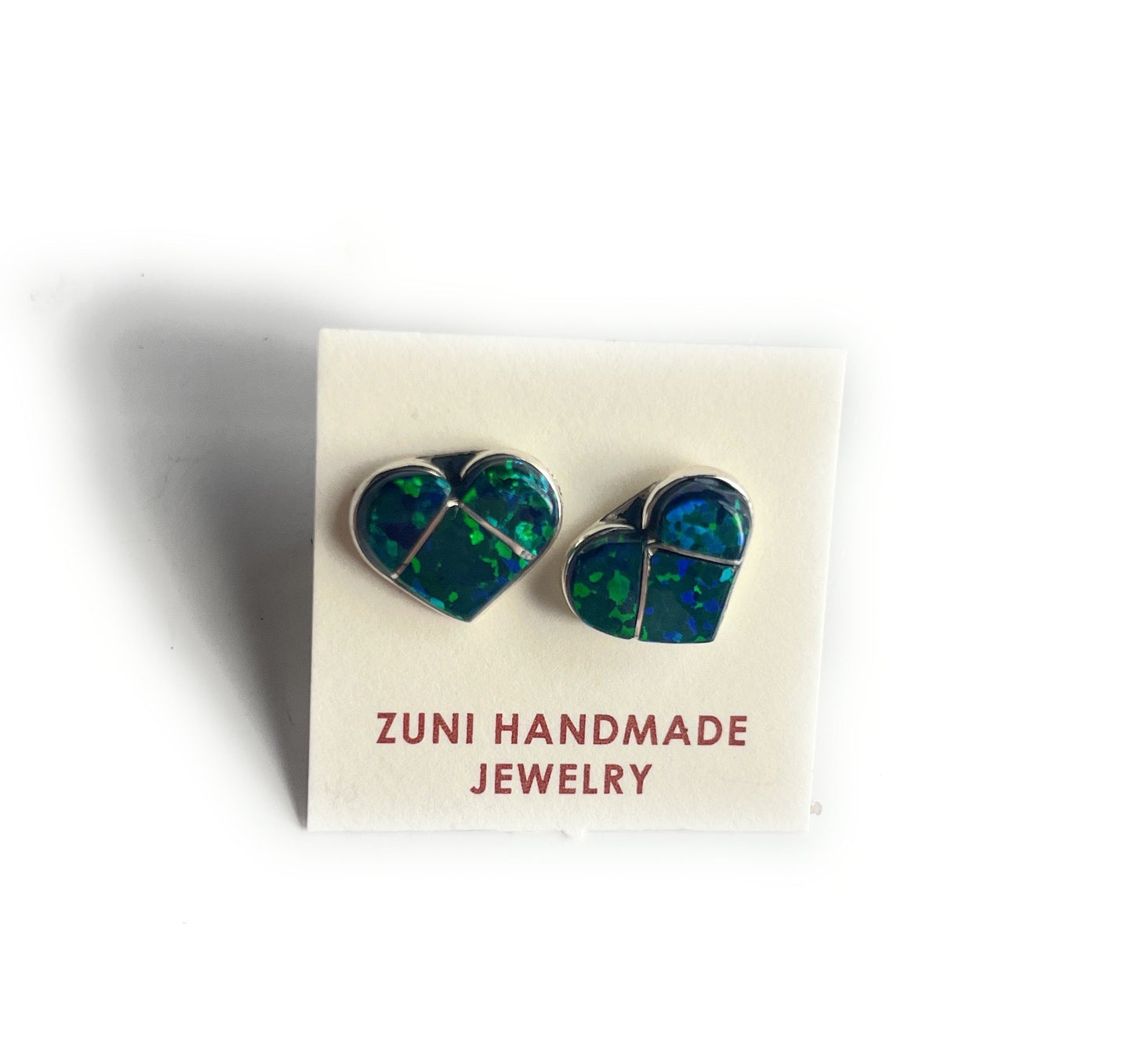 Handcrafted Sterling Silver & Dark Green Opal Inlay Heart Stud Earrings