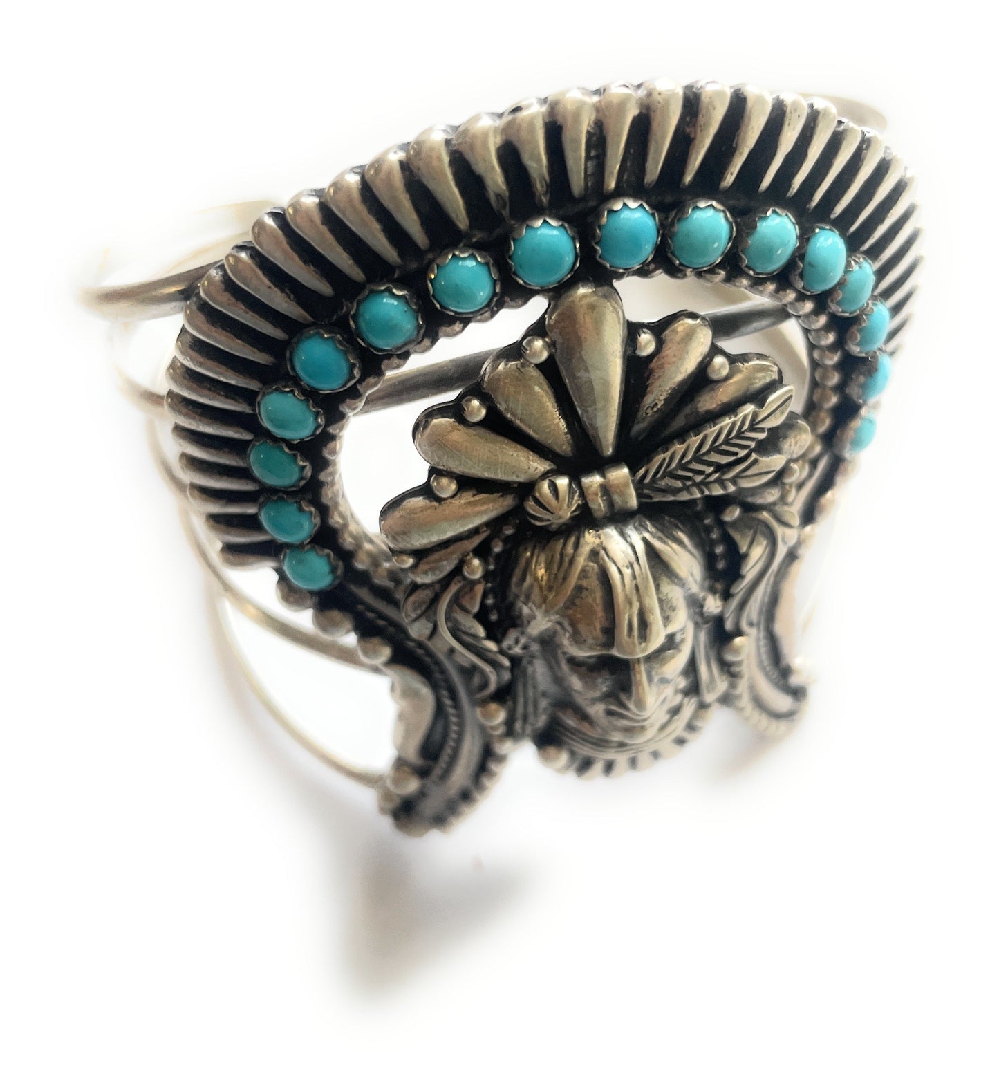 Sterling Silver & Turquoise Chief Cuff Bracelet Signed /
