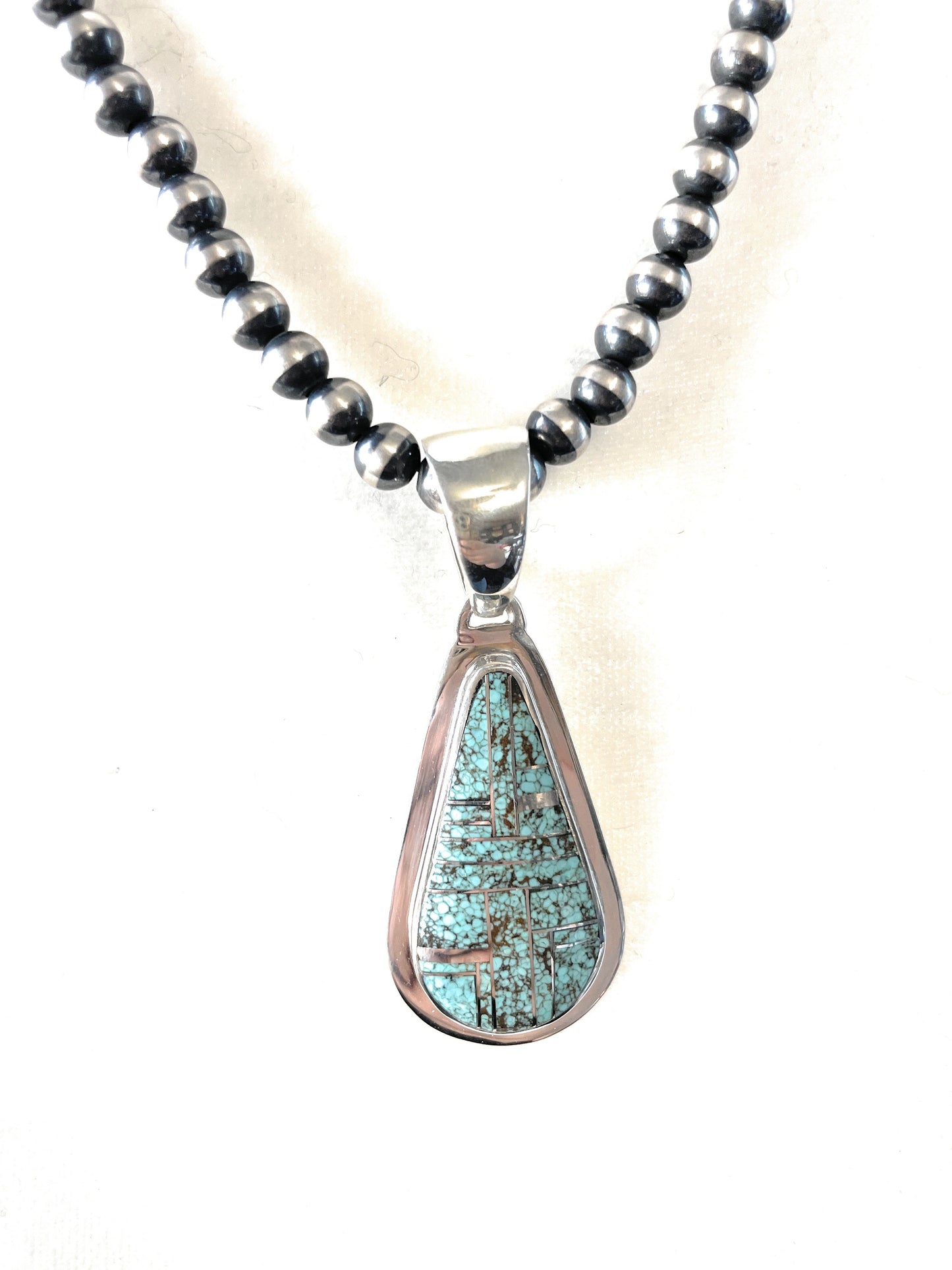 Handcrafted Number 8 Turquoise Inlay & Sterling Silver Pendant Signed