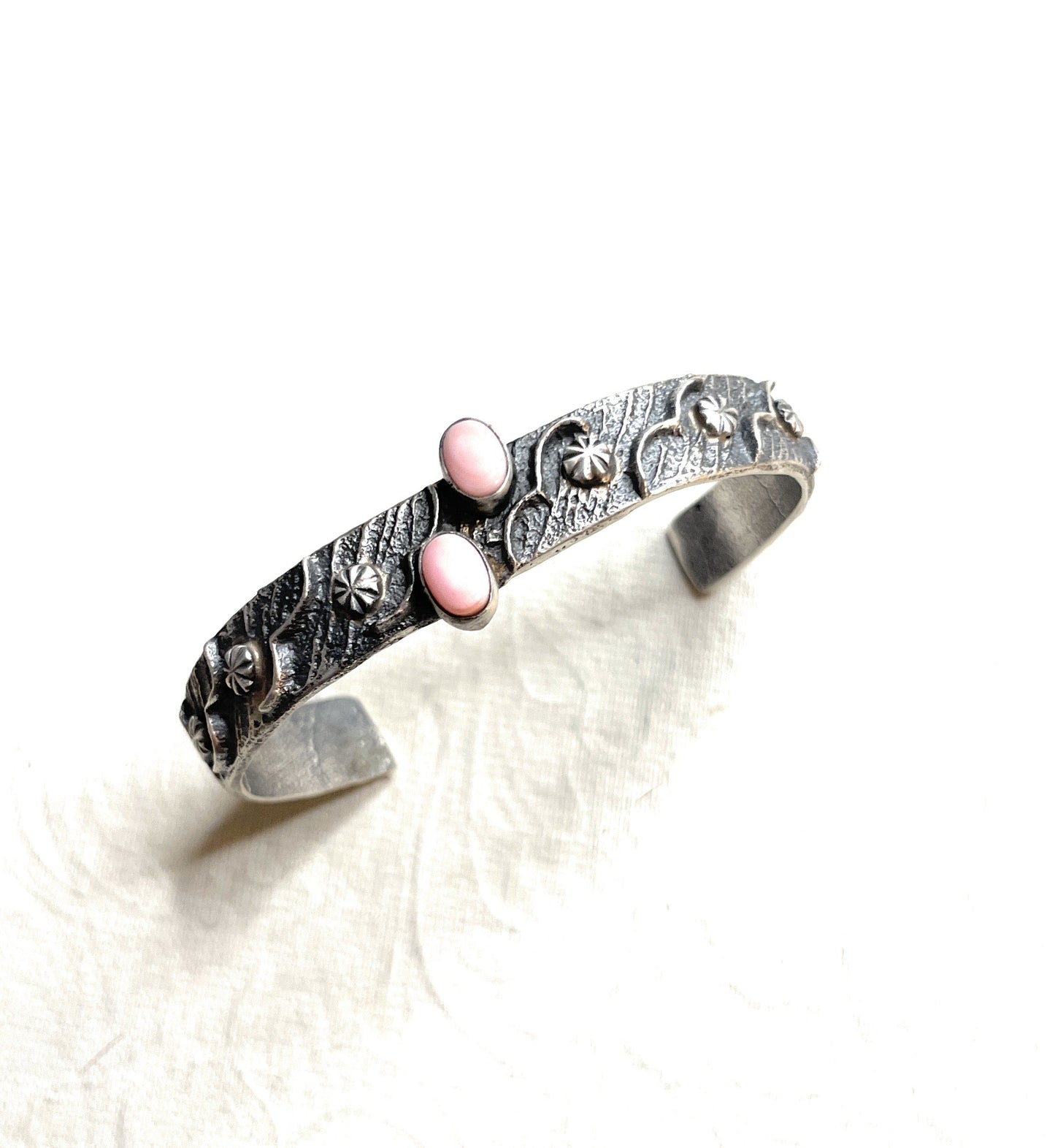 Handcrafted Pink Conch & Sterling Silver Tufa Cast Cuff Bracelet Signed
