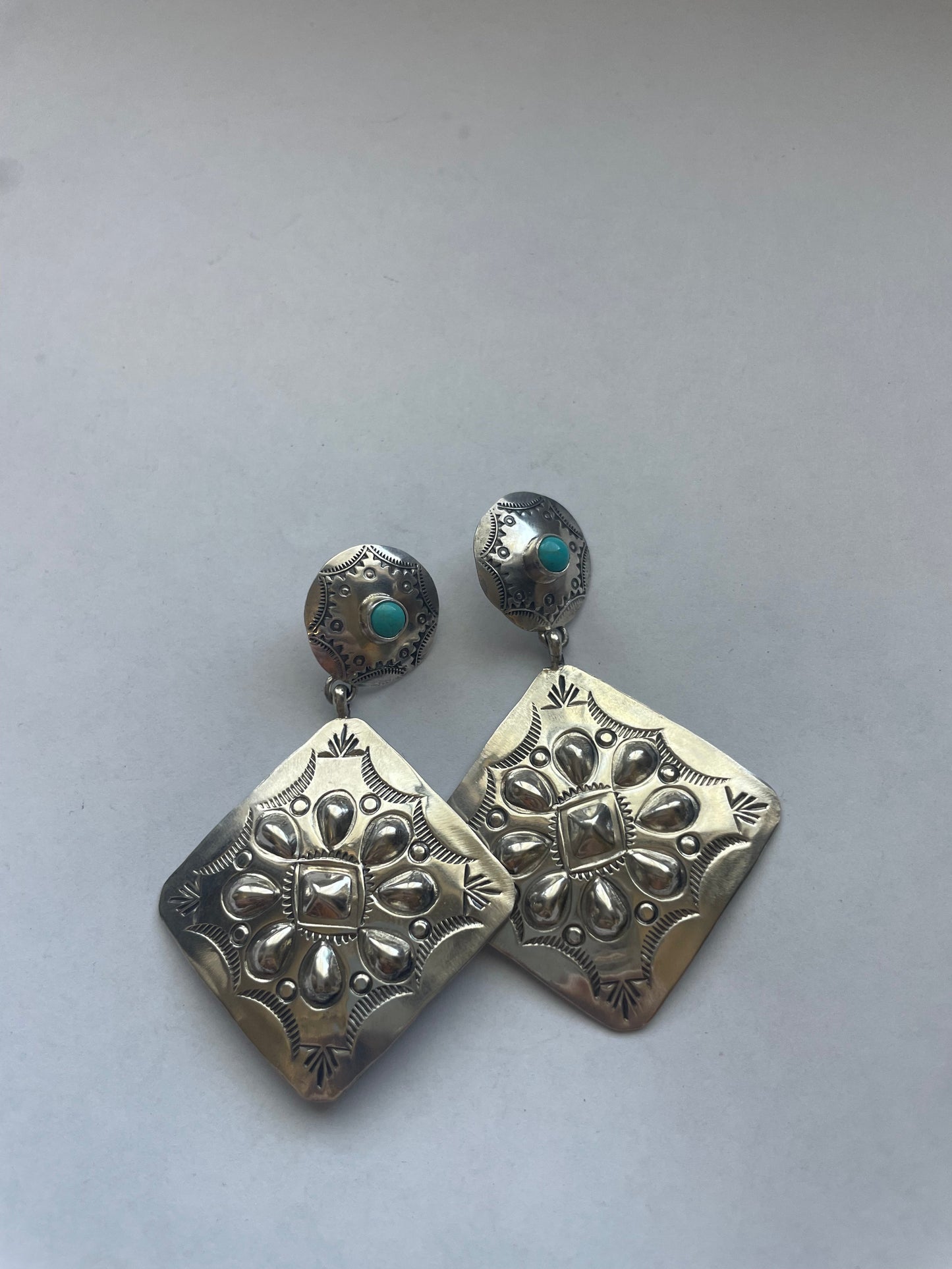 Beautiful Handcrafted Sterling Silver & Turquoise Concho Dangle Earrings Signed