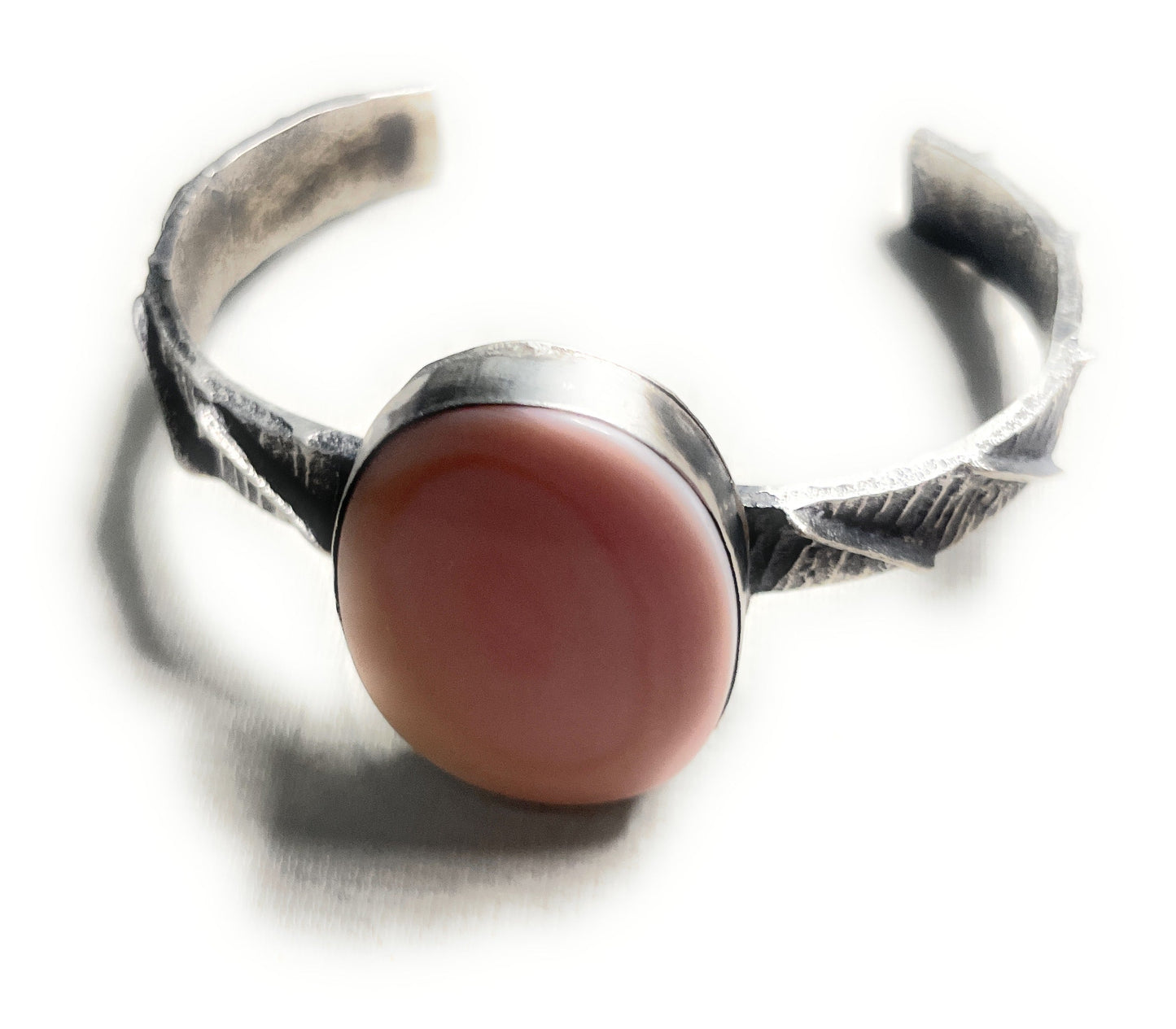 Handcrafted Pink Conch & Sterling Silver Tufa Cast Cuff Bracelet Signed