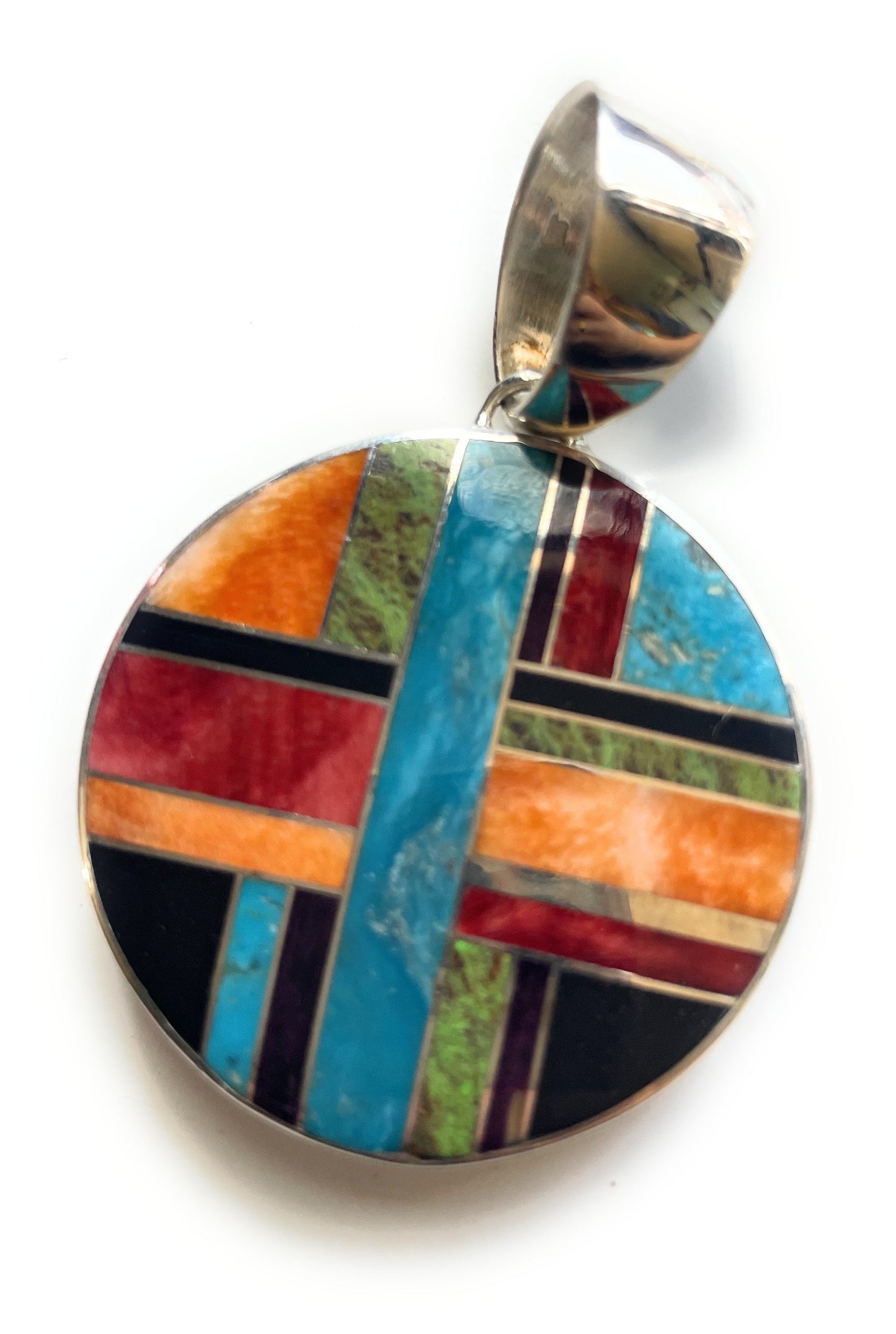 Handcrafted Multi Stone Inlay & Sterling Silver Circle Pendant