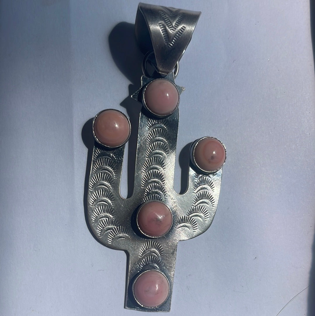 Handcrafted Sterling Silver Pink Conch Saguaro Cactus Pendant Signed