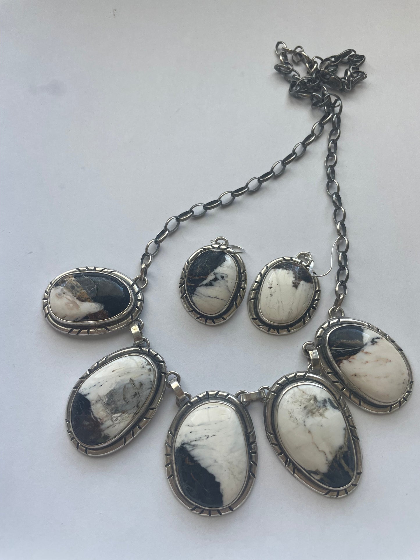 Handcrafted Sterling Silver & White Buffalo Necklace & Earrings Set Signed