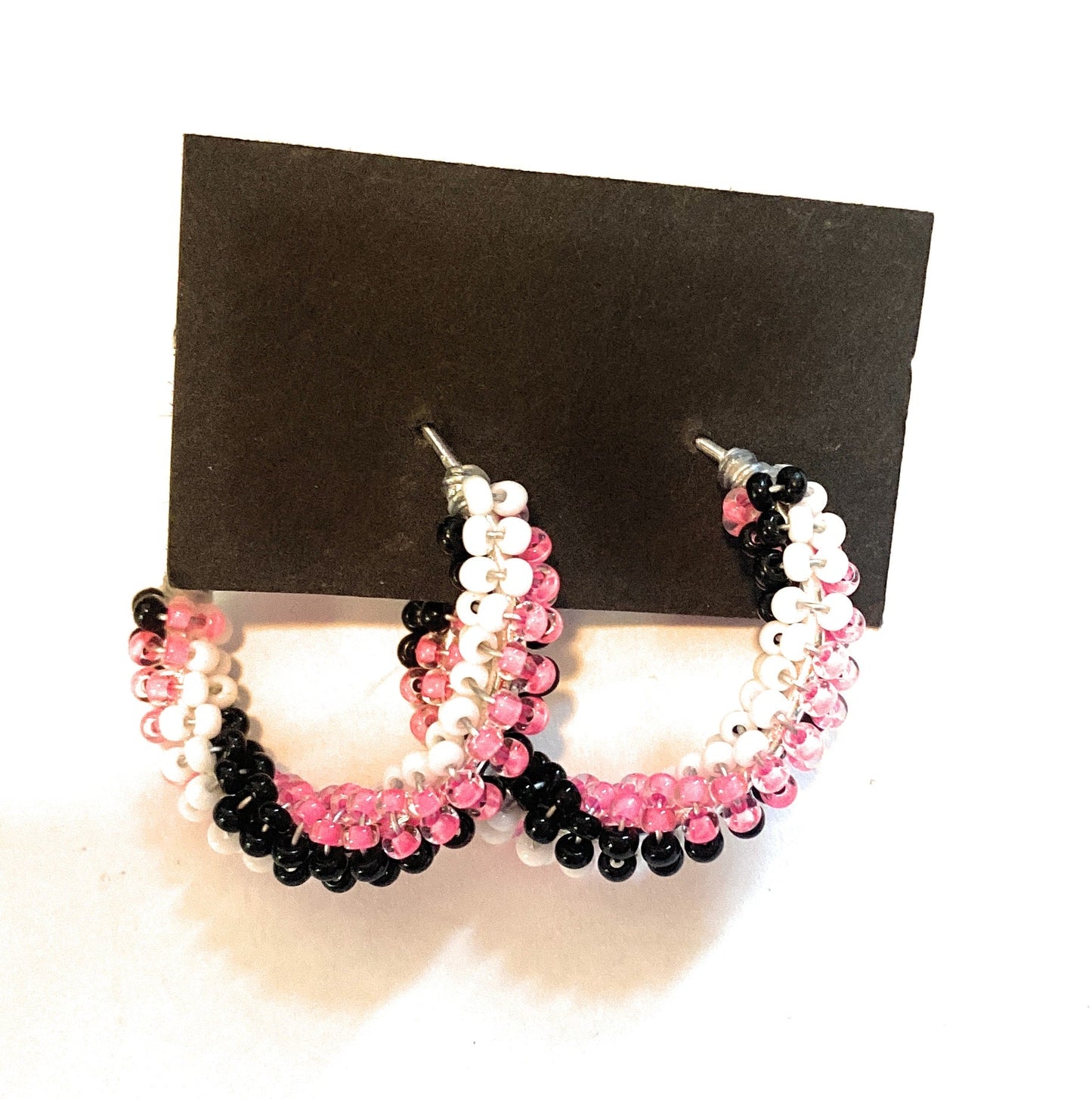 Handcrafted Handmade Beaded Hoop Earrings- pink