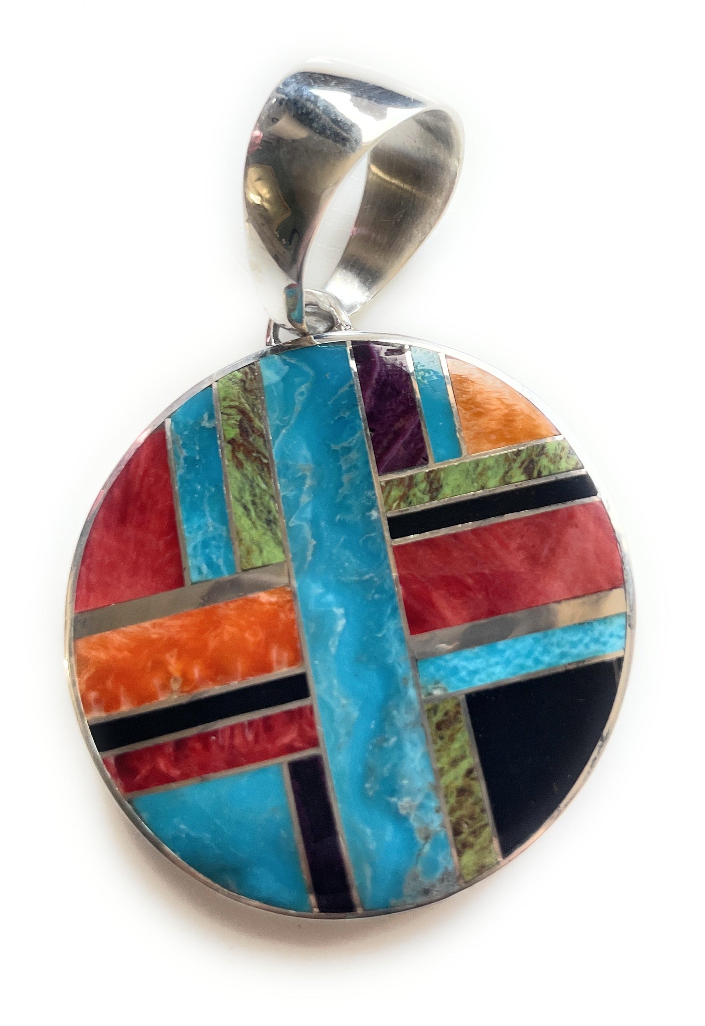 Handcrafted Multi Stone Inlay & Sterling Silver Circle Pendant