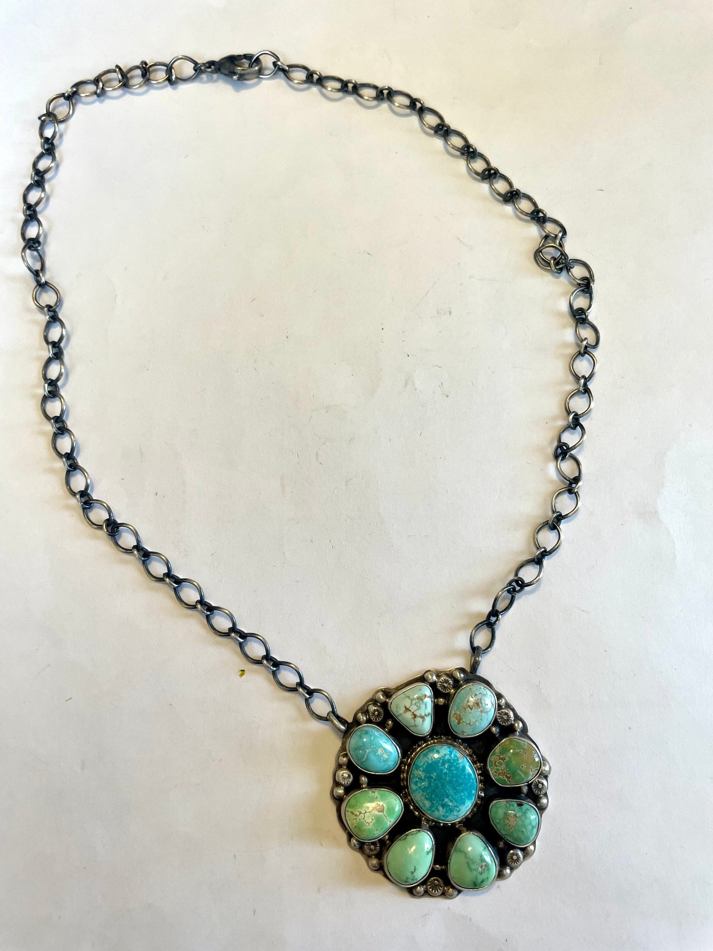 Handcrafted Carico Lake & Royston Turquoise Cluster Necklace Stamped & Signed