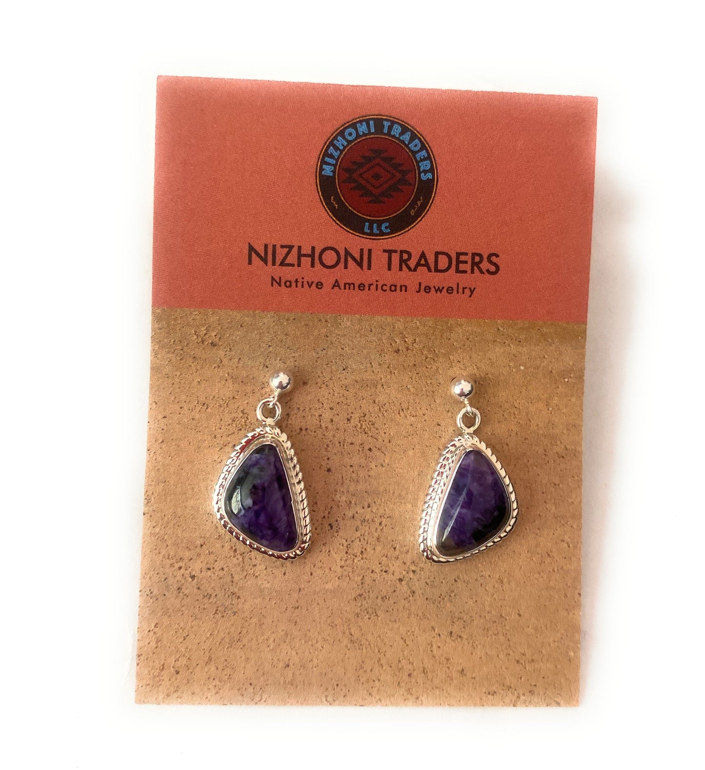 Handcrafted Charoite & Sterling Silver Dangle Earrings Signed