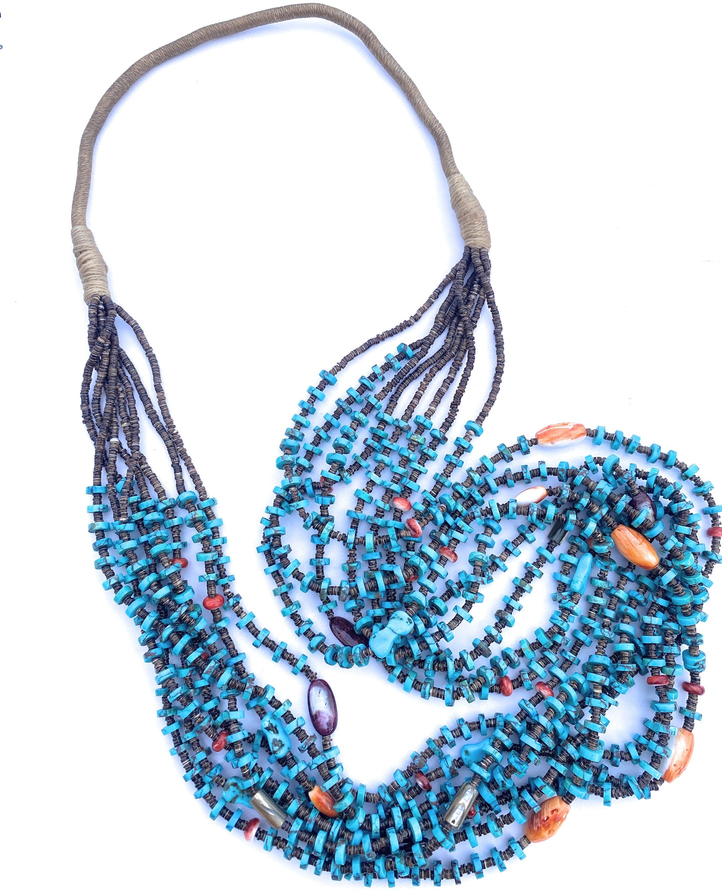 Handcrafted Turquoise, Spiny, Abalone & Heishi Eight Strand Beaded Necklace