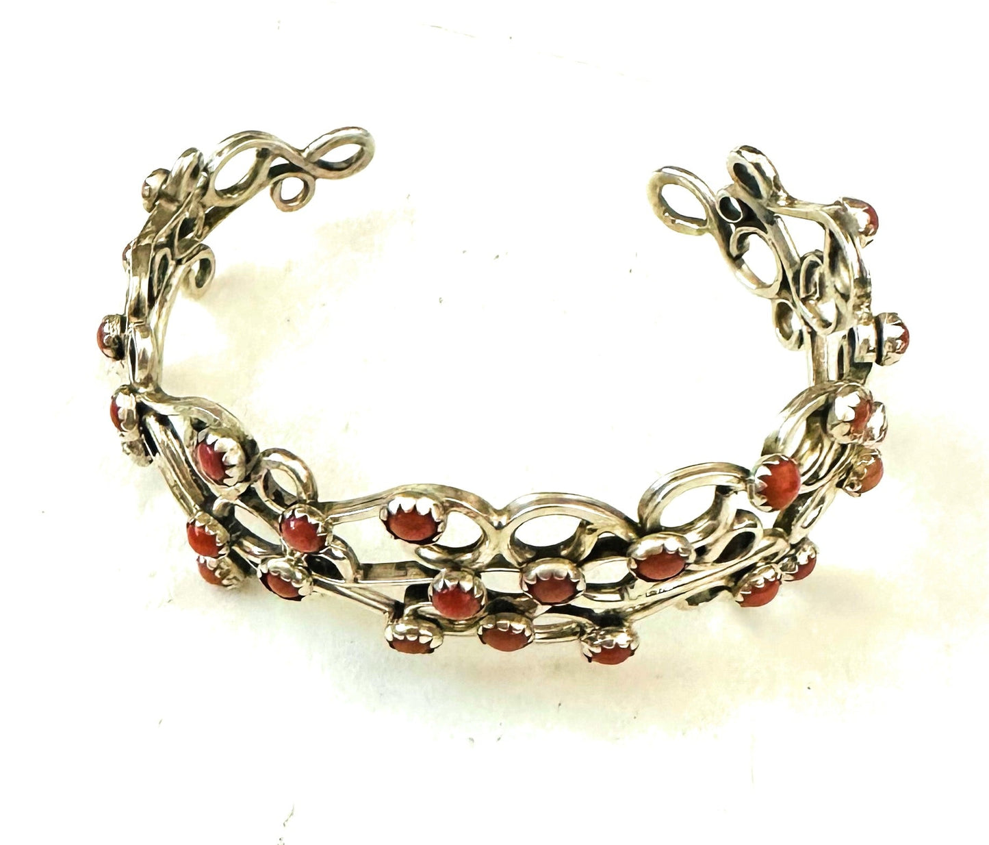 Handcrafted Coral & Sterling Silver Cuff Bracelet Signed