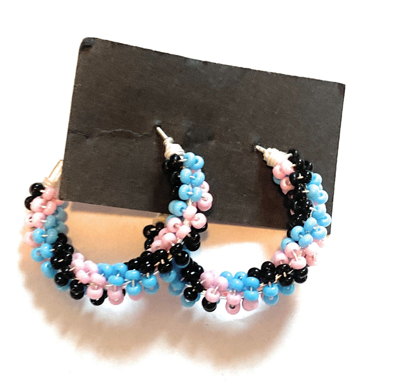 Handcrafted Handmade Beaded Hoop Earrings- Lt blue, pink