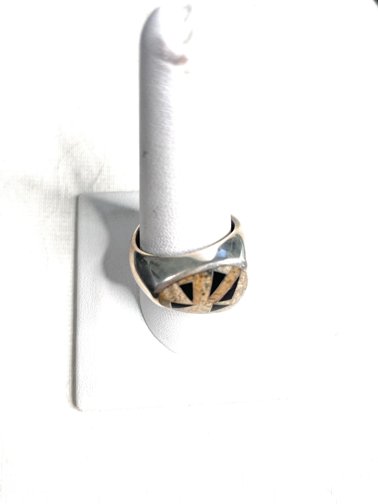 Old Pawn Handcrafted Sterling Silver, Tiger Eye & Onyx Ring Size 10.5