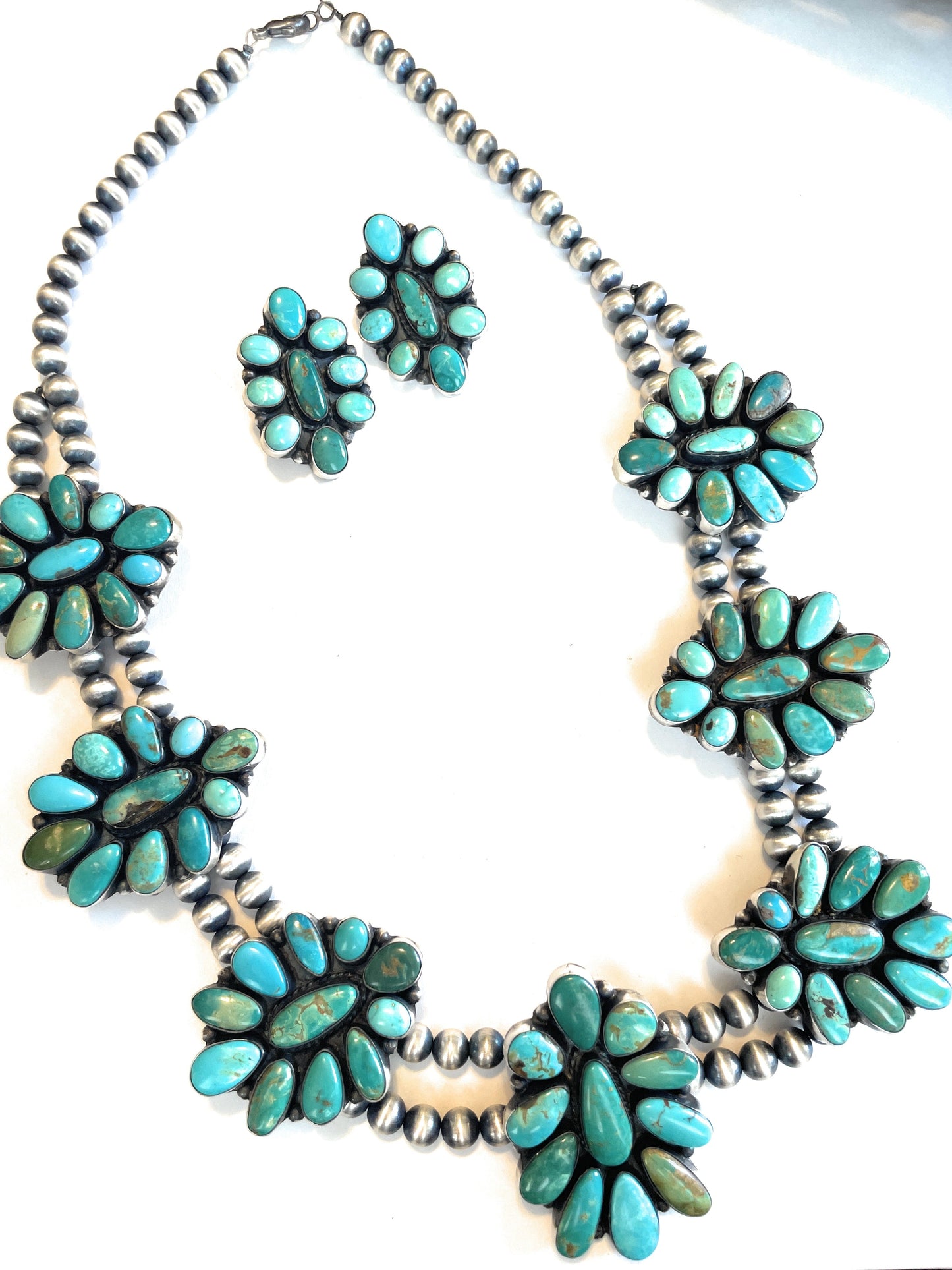 Handcrafted Beaded Sterling Silver & Royston Turquoise Necklace & Earring Set by Ella Peter