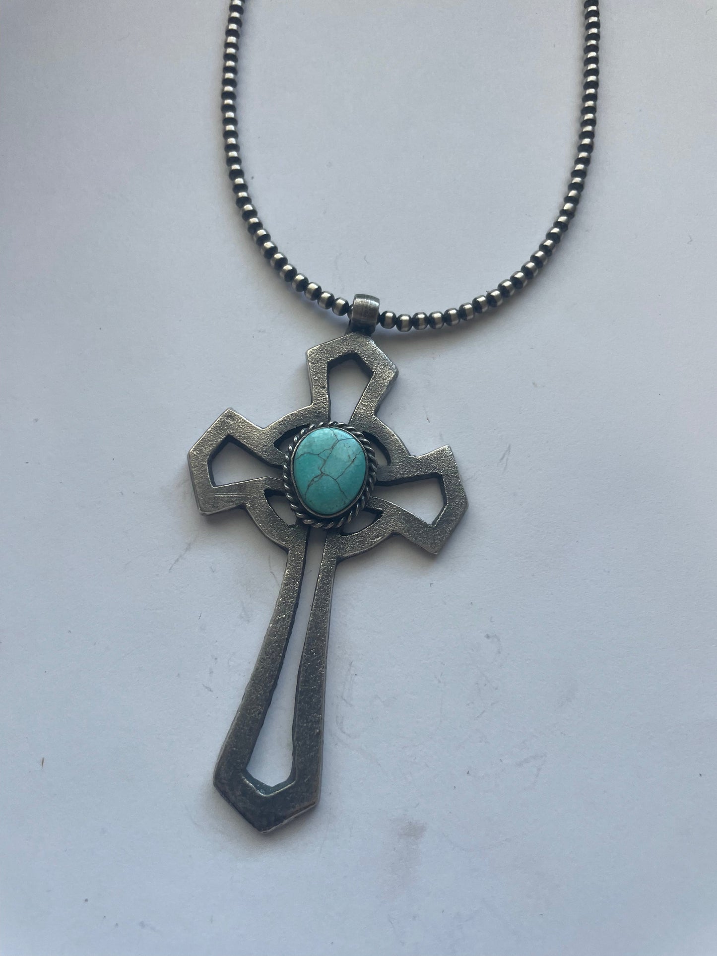 Handcrafted Sterling Silver & Turquoise Cross Pendant Signed Eugene Mitchell