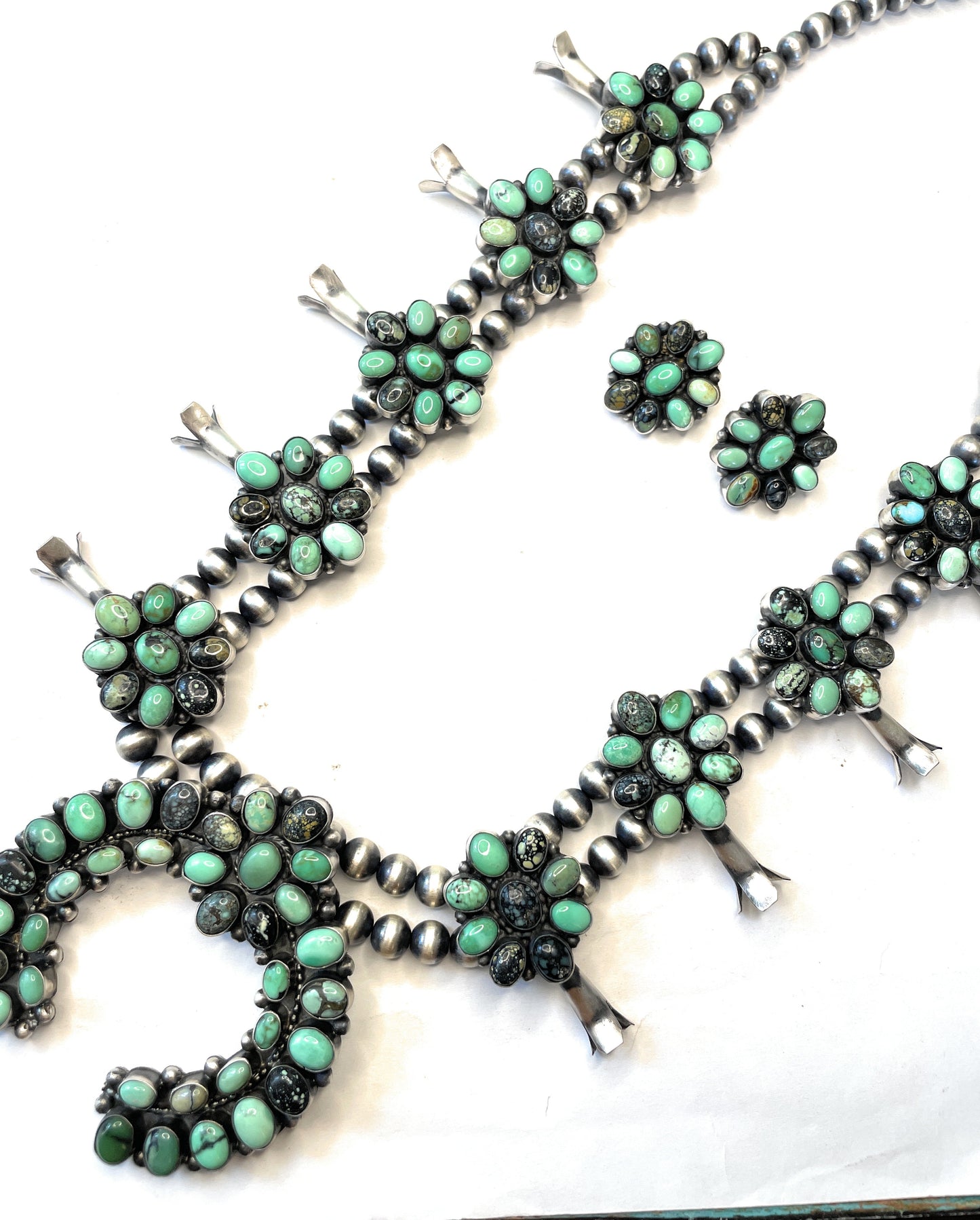 Handcrafted Carico Lake And Tibetan Turquoise Squash Necklace Earring Set Signed