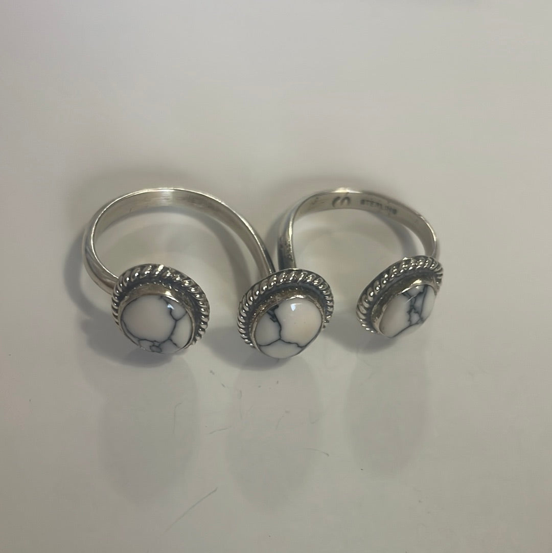 Handcrafted Sterling Silver White Buffalo Adjustable Triple Threat Ring Signed