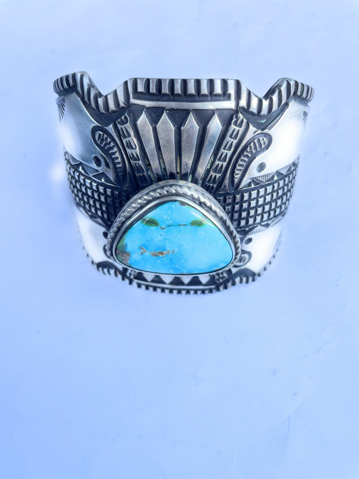 Handcrafted Stamped Turquoise And Sterling Silver Cuff Bracelet By Elvira Bill