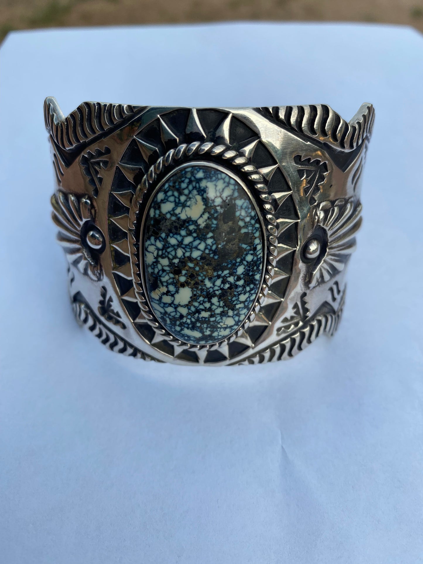 Navajo Hand Stamped New Lander Turquoise & Sterling Silver Cross Cuff Bracelet By Elvira Bill