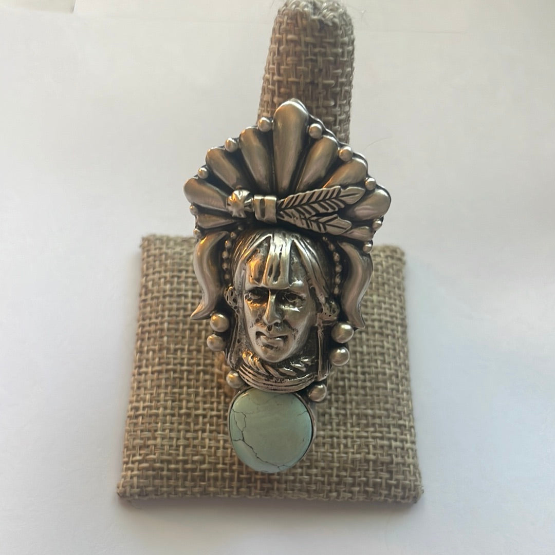 Beautiful Handcrafted Sterling Silver & Turquoise Chief Adjustable Ring Signed Russell Sam