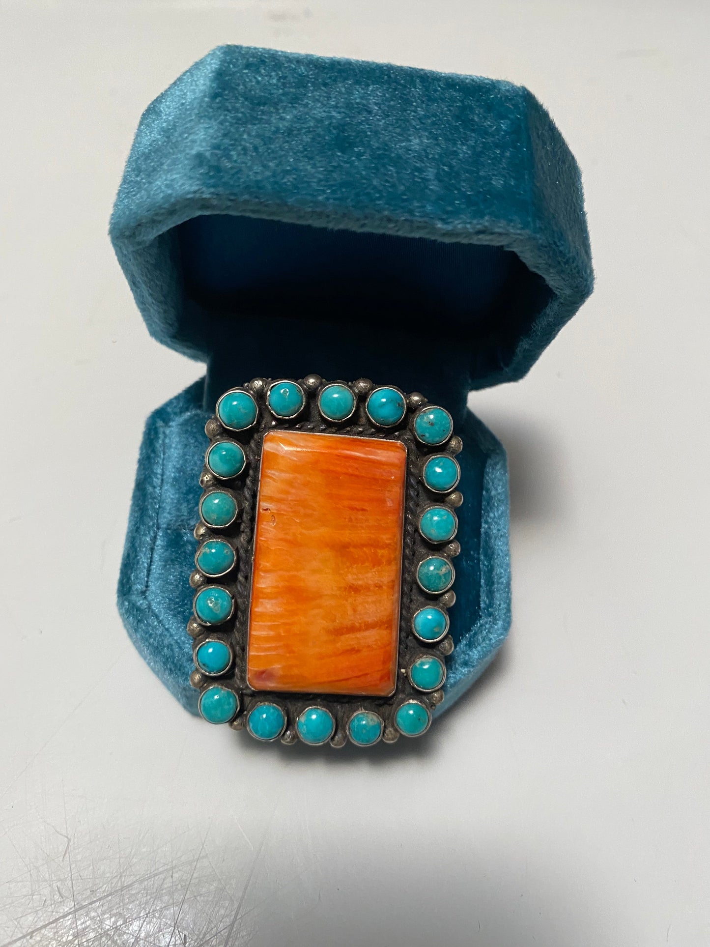 Handcrafted Cluster Turquoise Spiny Oyster Sterling Silver Ring Sz 8