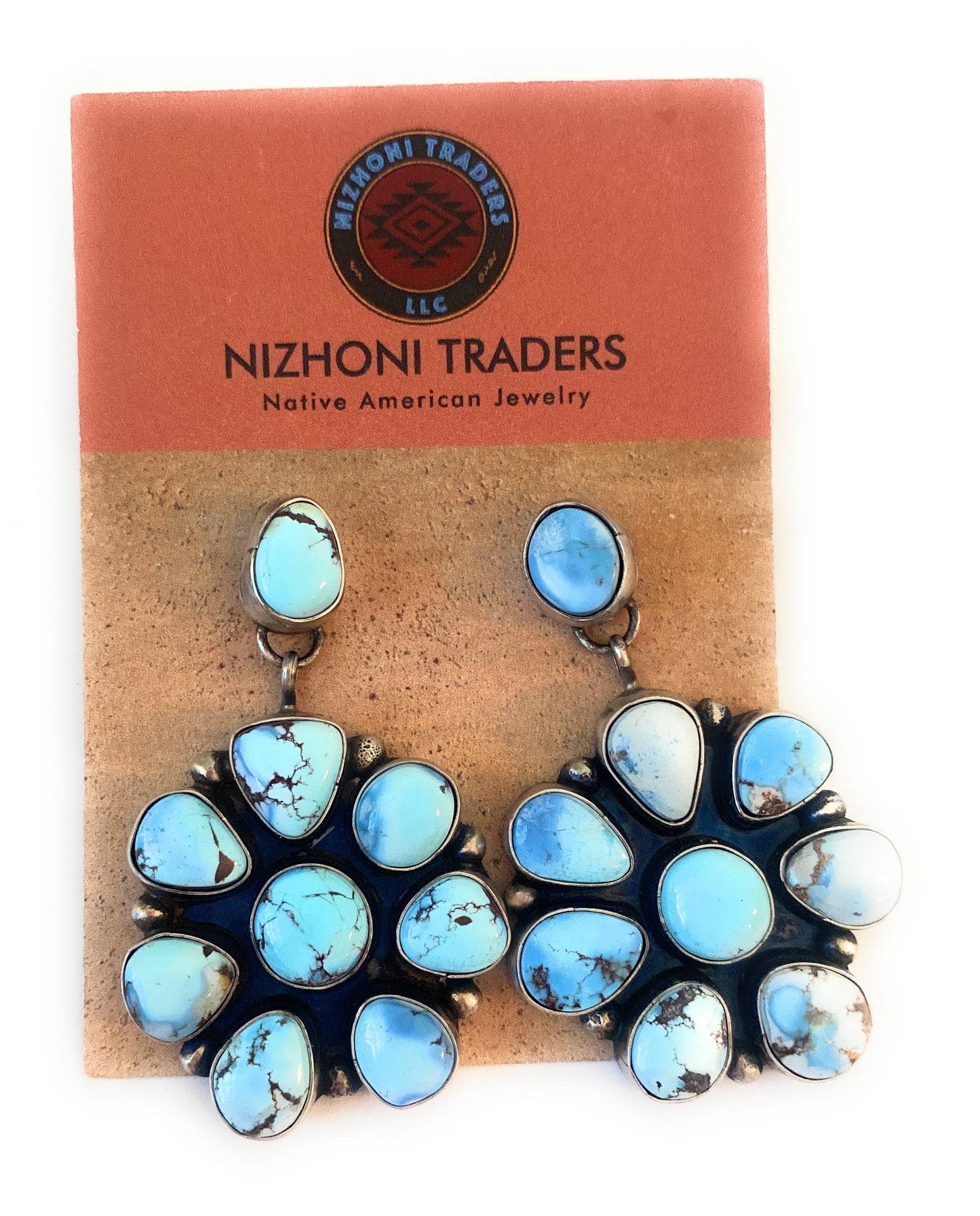 Navajo Golden Hills Turquoise & Sterling Silver Cluster Dangle Earrings