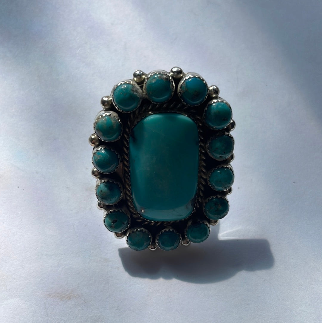 Handcrafted Turquoise & Sterling Silver Ring Size 8.5 Signed Robert Shakey