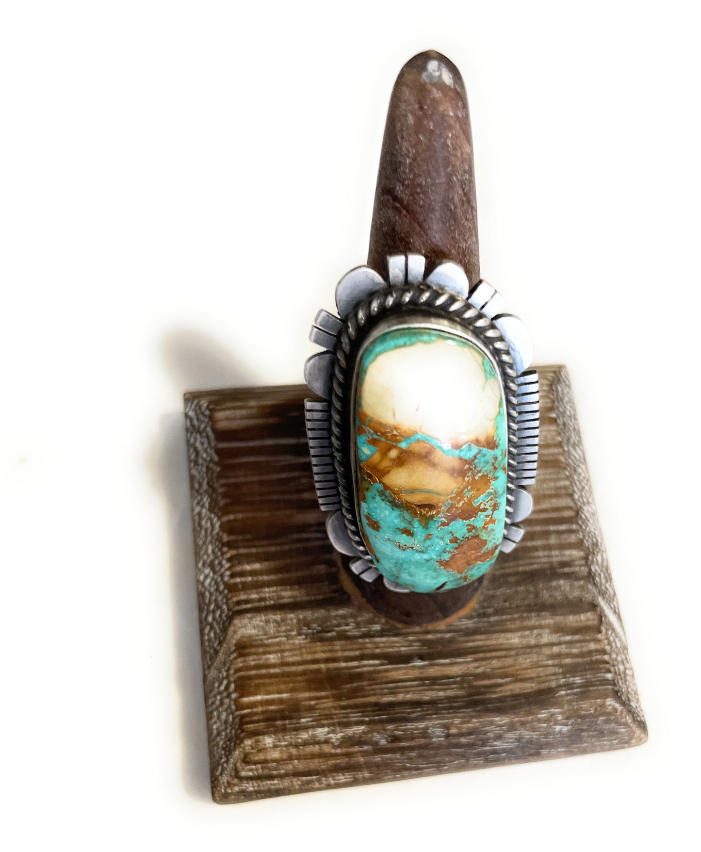 Handcrafted Turquoise & Sterling Silver Ring Size 8.5 Signed Russell Sam