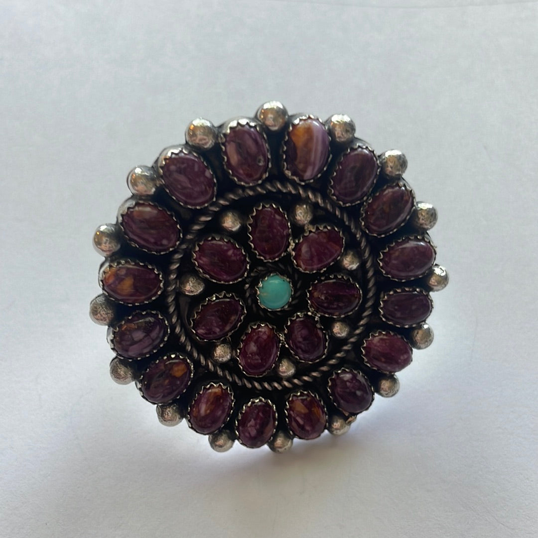 Handcrafted Sterling Silver, Turquoise, Purple Spiny Flower Adjustable Ring Signed