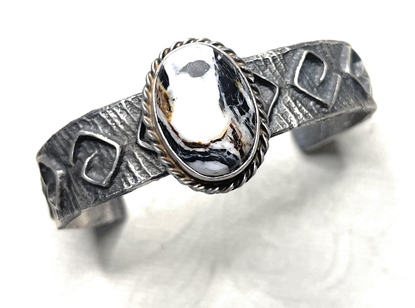 Handcrafted Golden Hills White Buffalo & Sterling Silver Tufa Cast Cuff Bracelet Signed