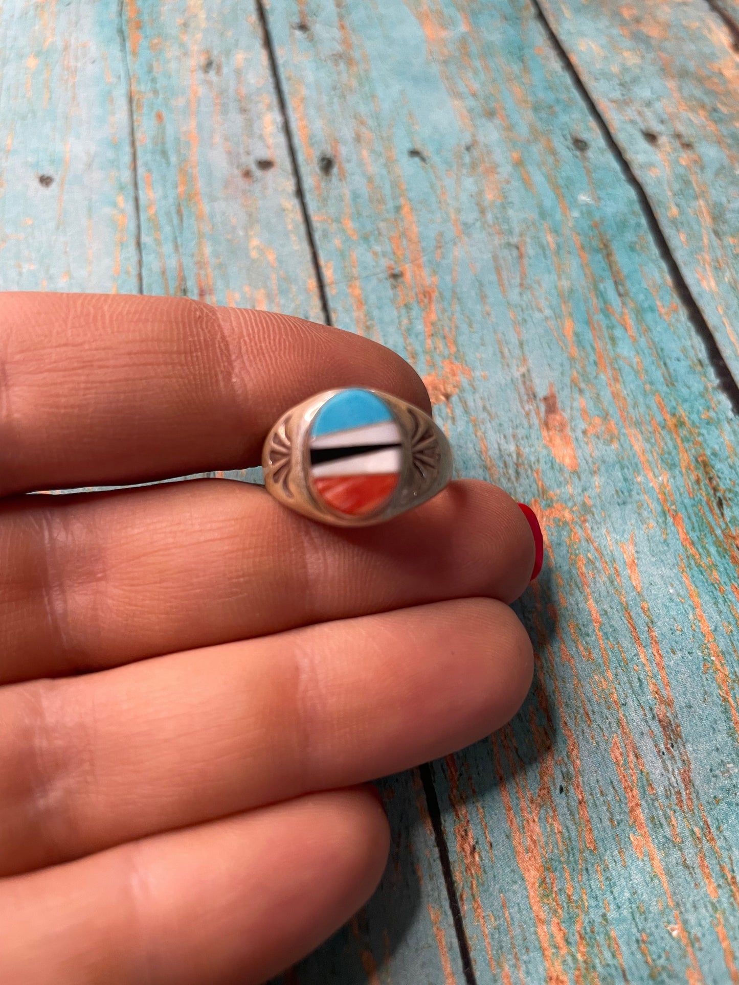Old Pawn Navajo Sterling Silver & Multi Stone Inlay Ring Size 6