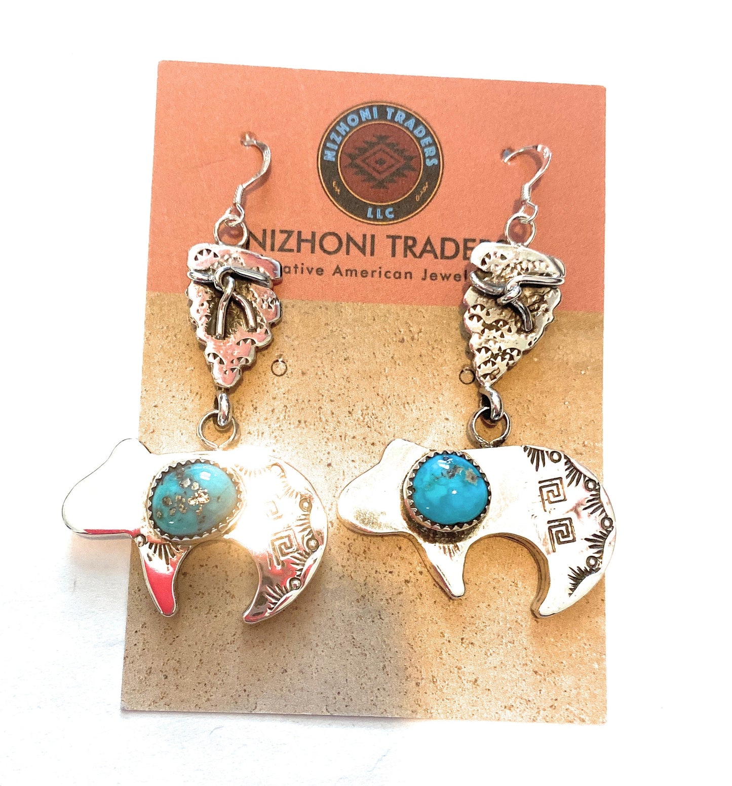 Handcrafted Turquoise & Sterling Silver Fetish Bear Dangle Earrings