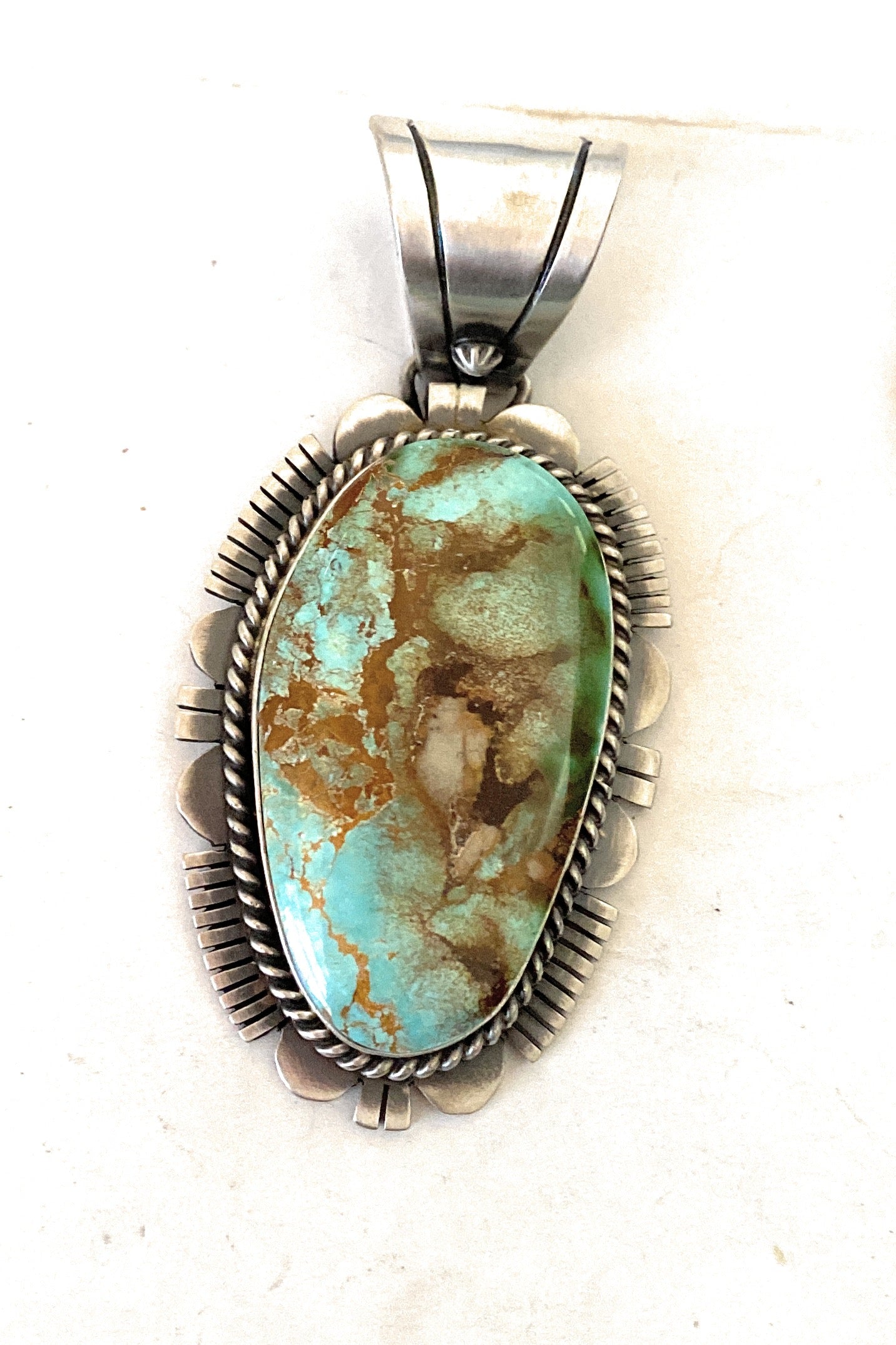 Handcrafted Royston Turquoise and Sterling Silver Pendant by Russell Sam