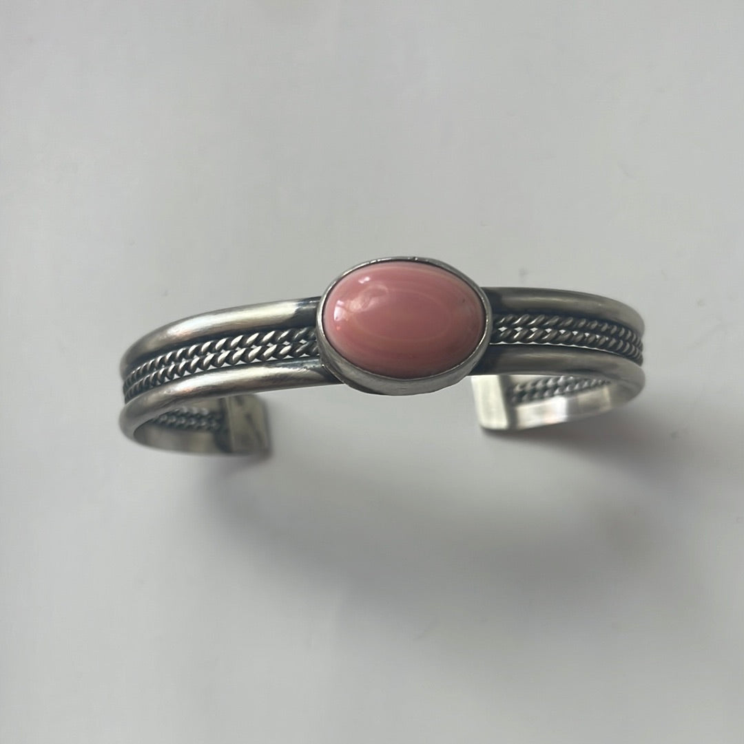 Handcrafted Pink Conch & Sterling Silver Adjustable Cuff Bracelet Signed