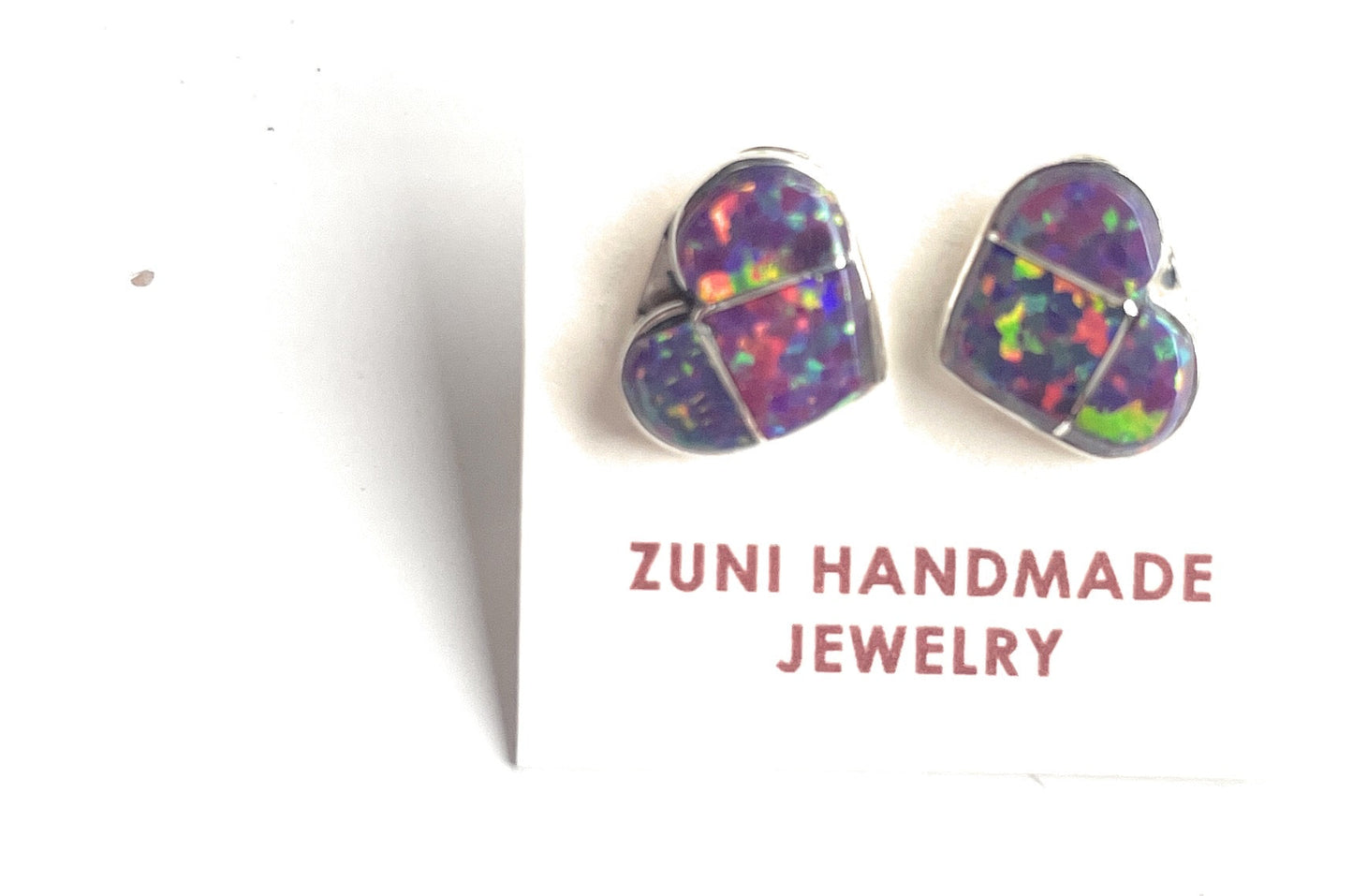 Handcrafted Sterling Silver & Fire Purple Opal Inlay Heart Stud Earrings