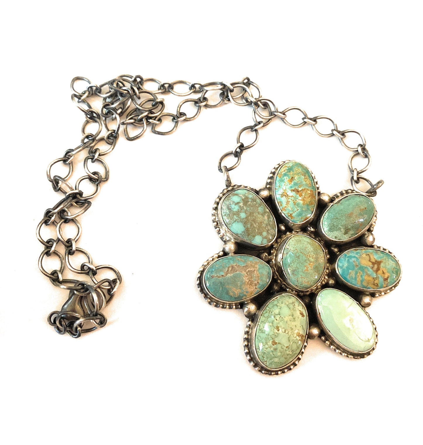 Handcrafted Sterling Silver & Carico Lake Turquoise Cluster Necklace