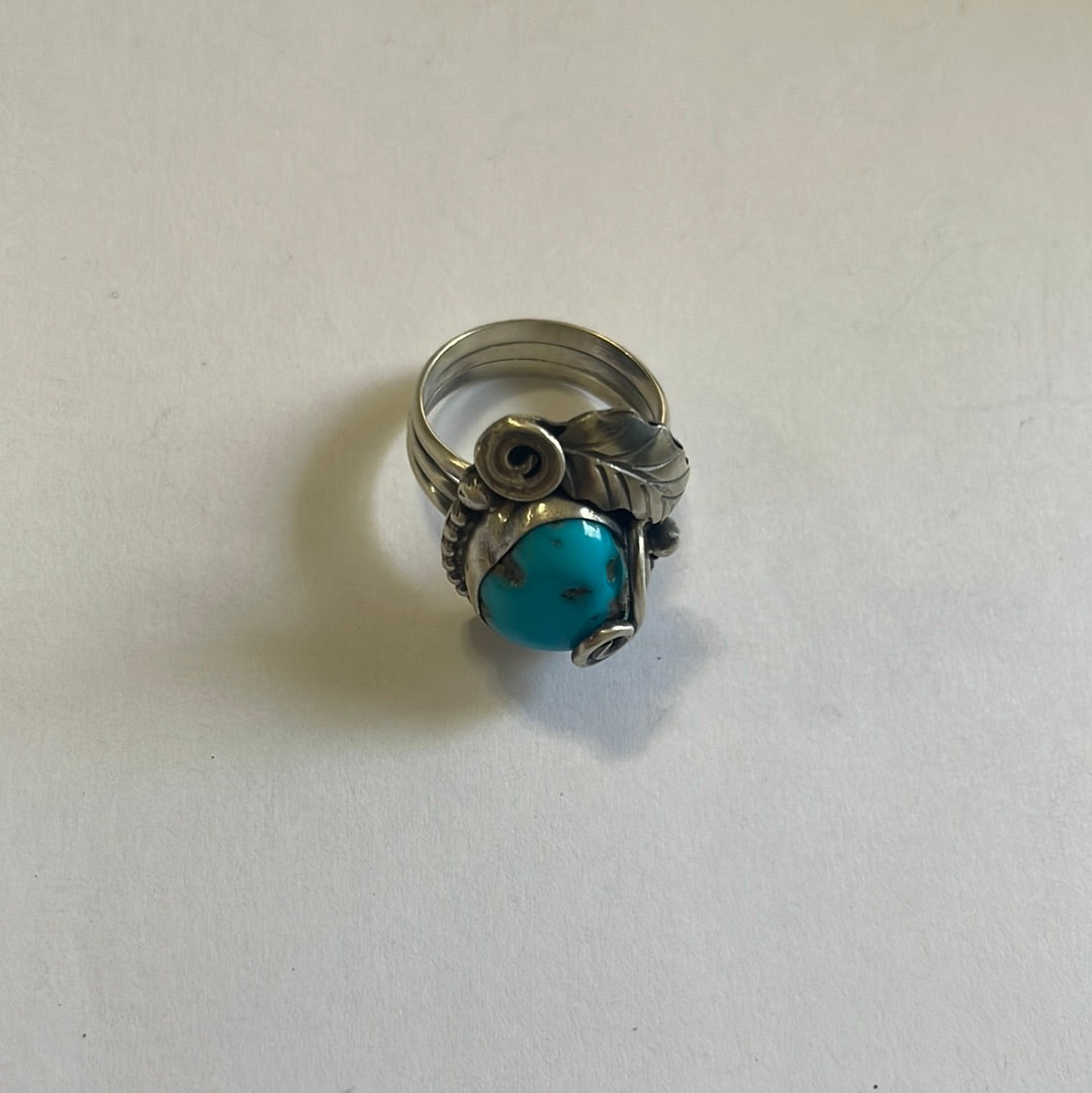 Handcrafted Turquoise & Sterling Silver Feather Ring Signed Size 8.75