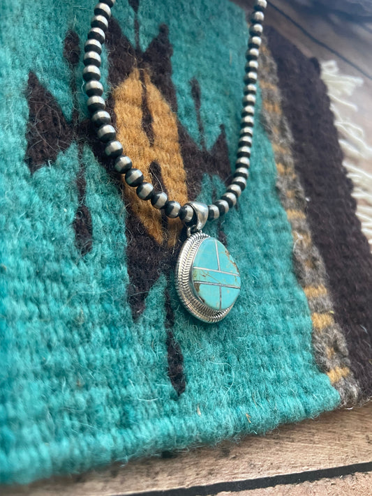 Handcrafted Number 8 Turquoise Inlay & Sterling Silver Pendant Signed