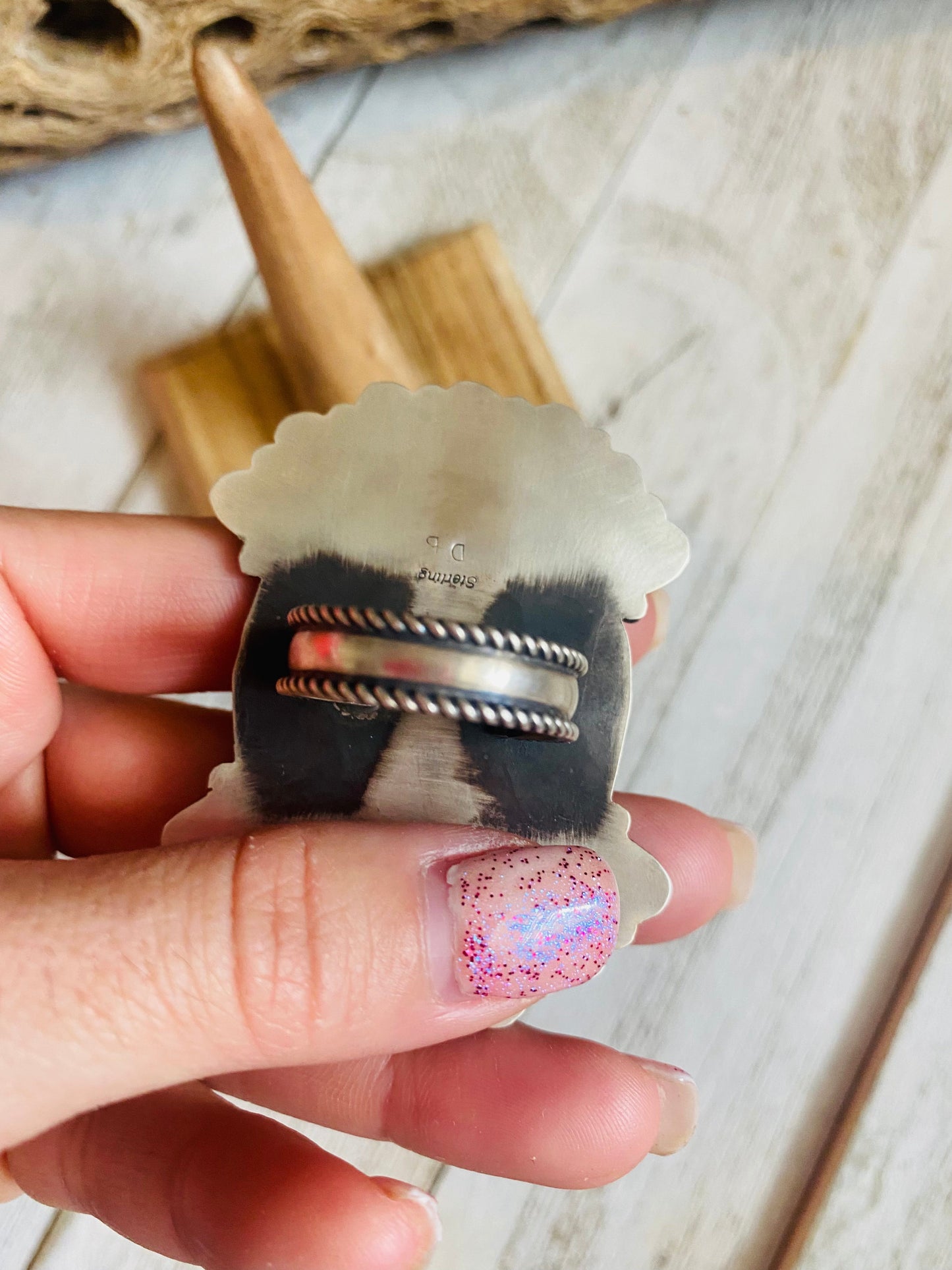 Handcrafted Sterling Silver, Mother of Pearl & Wild Horse Cluster Adjustable Ring