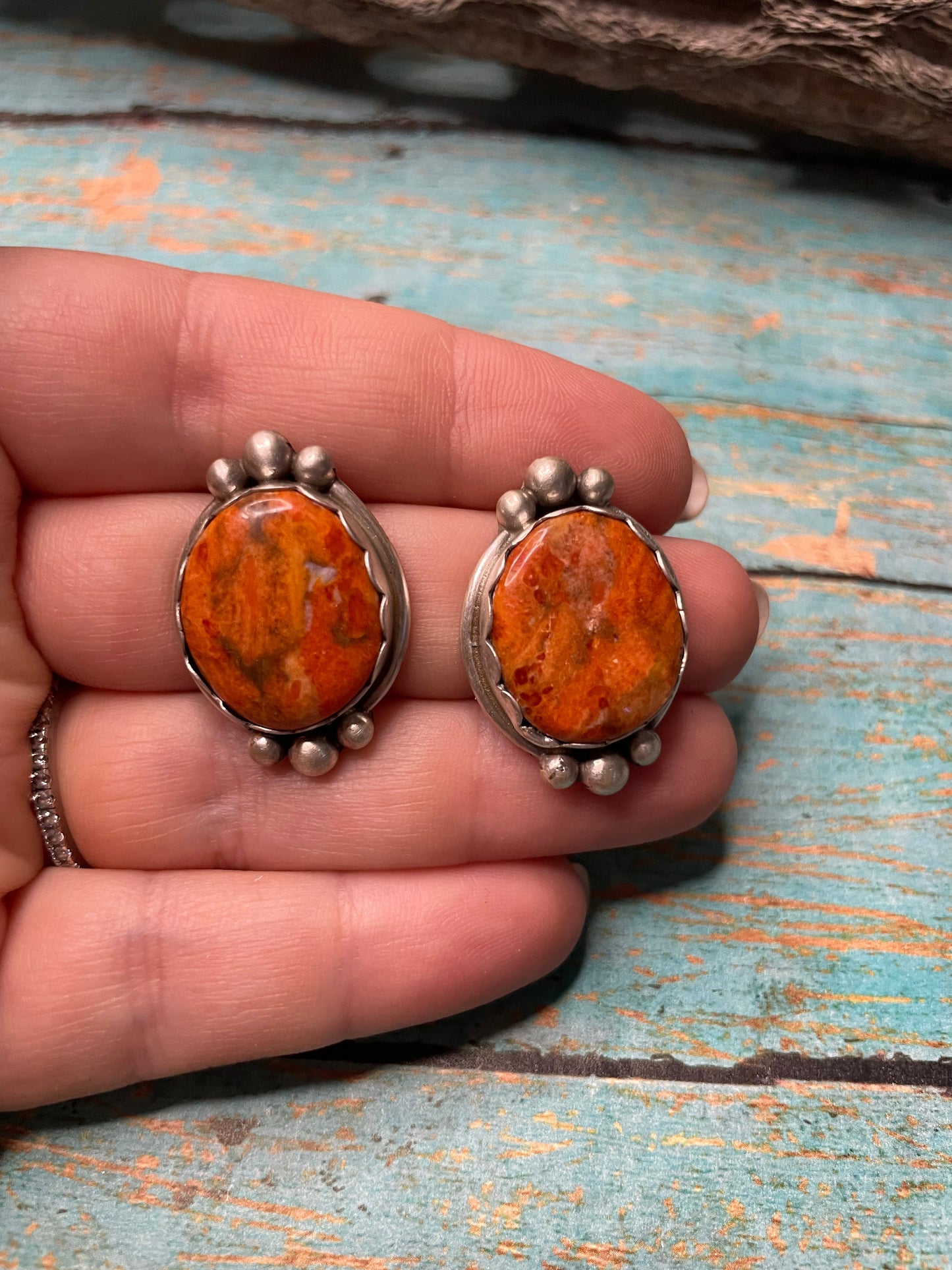 Navajo Apple Coral And Sterling Silver Post Earrings Signed