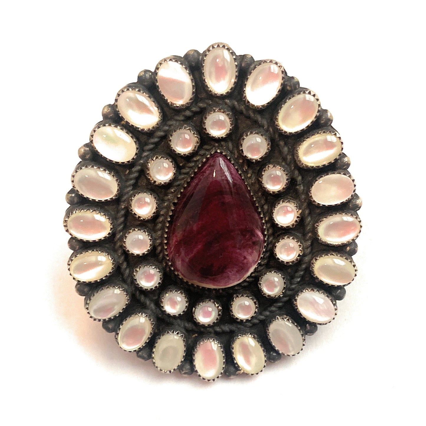Handcrafted Sterling Silver, Mother of Pearl & Purple Spiny Cluster Adjustable Ring