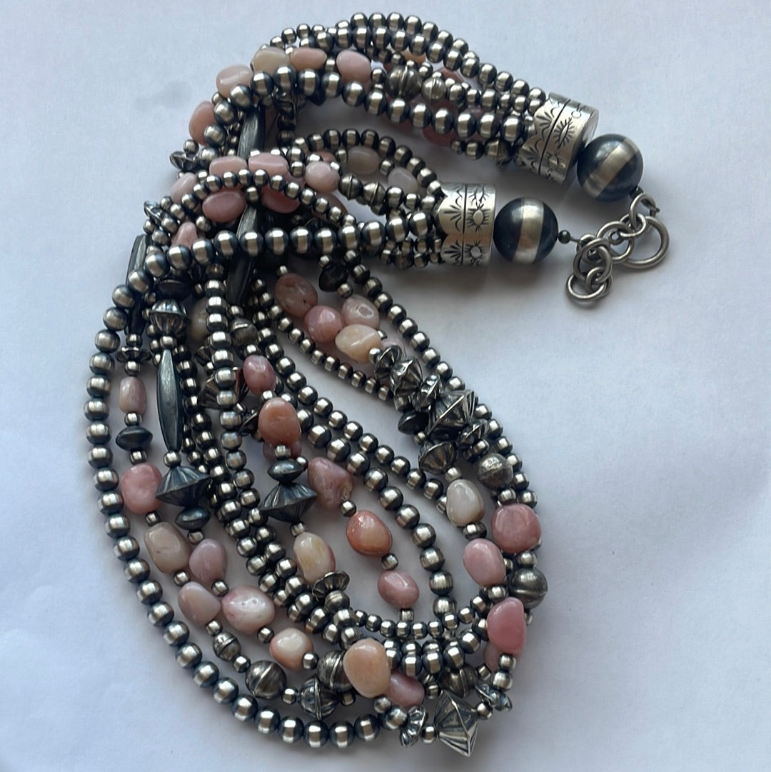 Handcrafted Sterling Silver Pink Conch 7 Strand Beaded Necklace 20-22inch