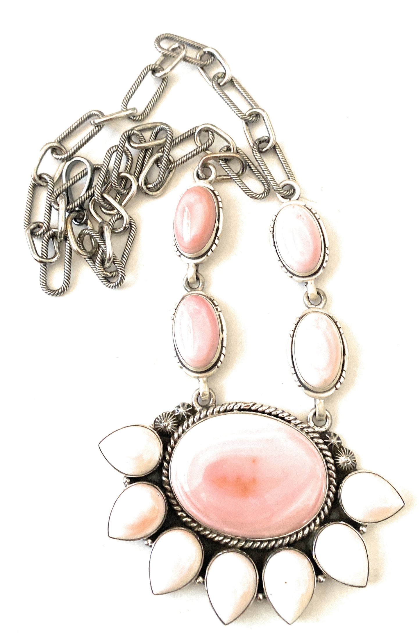 Handcrafted Queen Pink Conch Shell And Sterling Silver Cluster Necklace